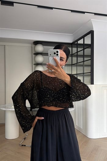 PULLU CROP MERSERİZE TRİKO SİYAH
