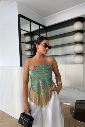 PÜSKÜLLÜ ÇİÇEK DESENLİ SATEN BLUZ YEŞİL 