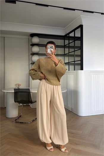 ŞALVAR MODEL PAÇASI LASTİKLİ PANTOLON BEJ