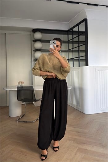 ŞALVAR MODEL PAÇASI LASTİKLİ PANTOLON SİYAH 