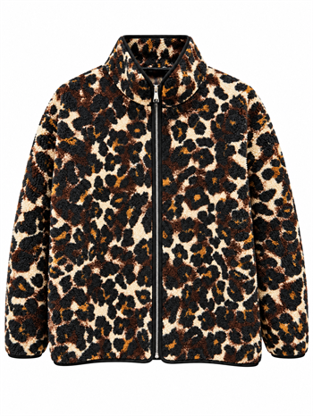 Tam Fermuar Leopar Desenli Peluş Ceket 