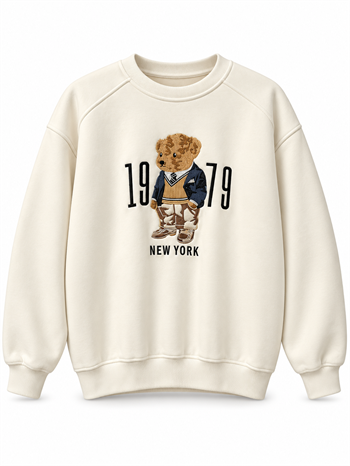 Teddy Nakışlı Sweatshirt Beyaz