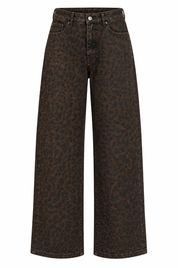 Yüksek Bel Leopar Desenli Denim Pantolon Kahve 