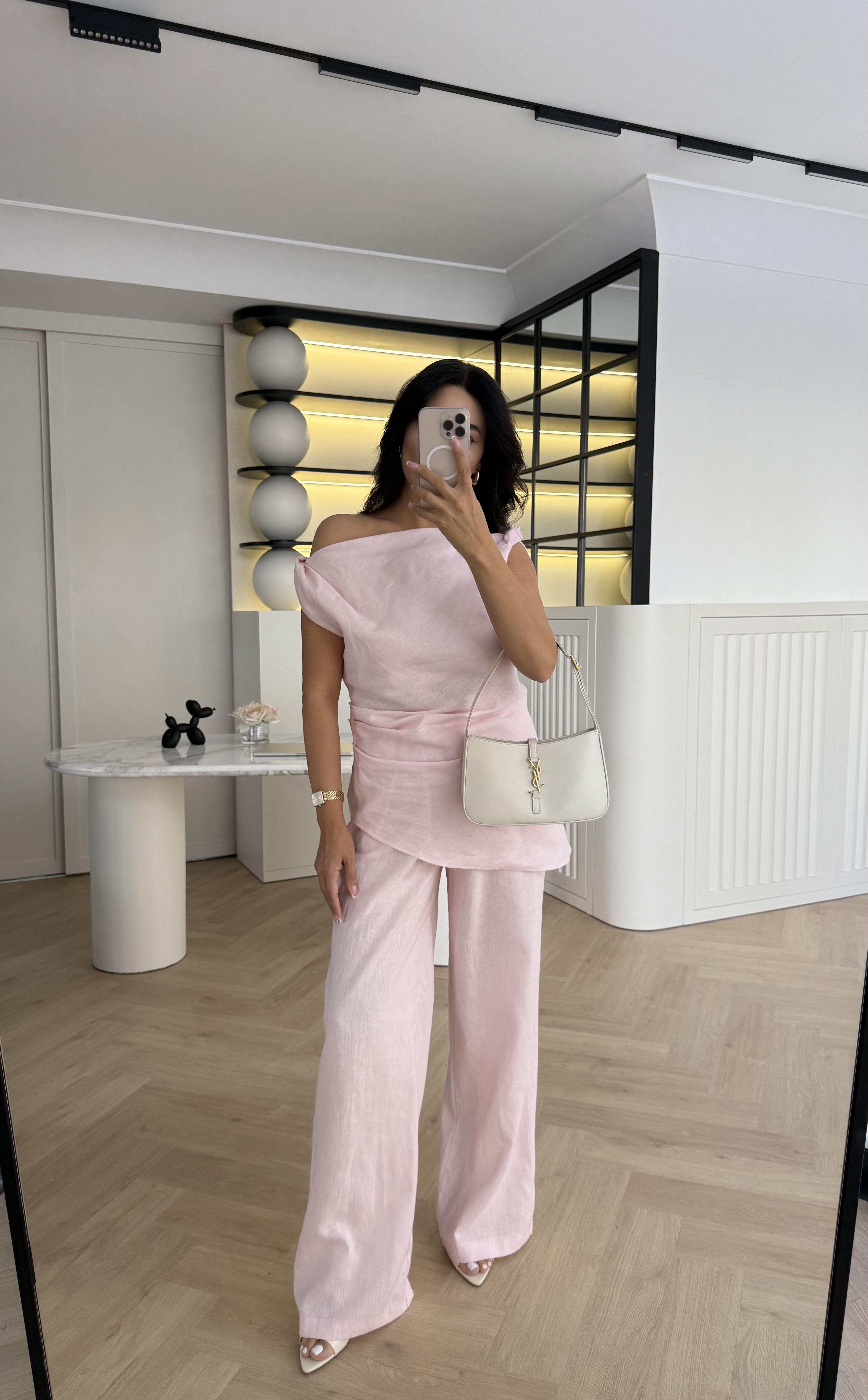  ASIMETRIK KESIM TEK OMUZ DÜŞÜK PEMBE %100 HAM KETEN TAKIM
