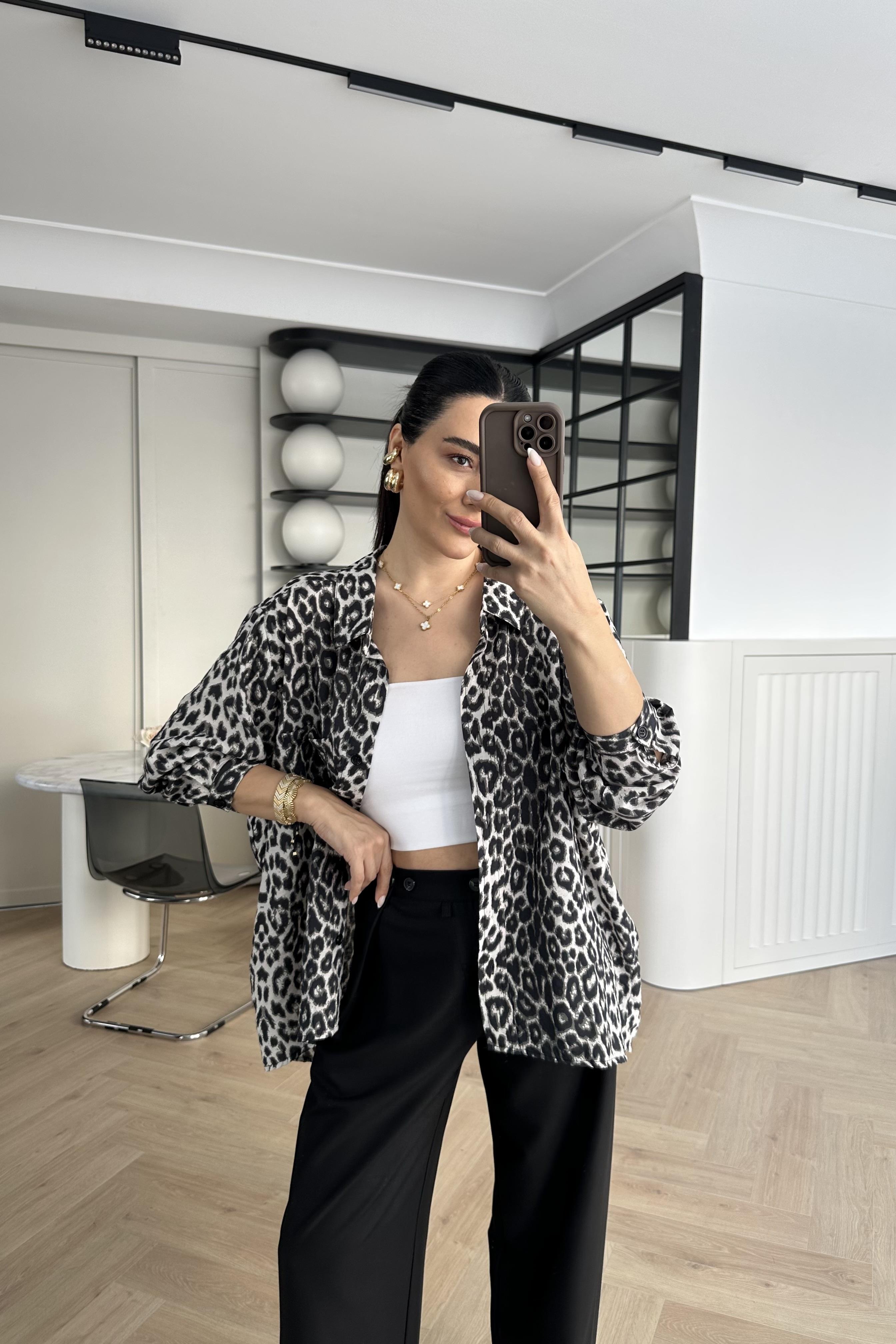  Leopar Desenli Oversize Düğmeli Gömlek 