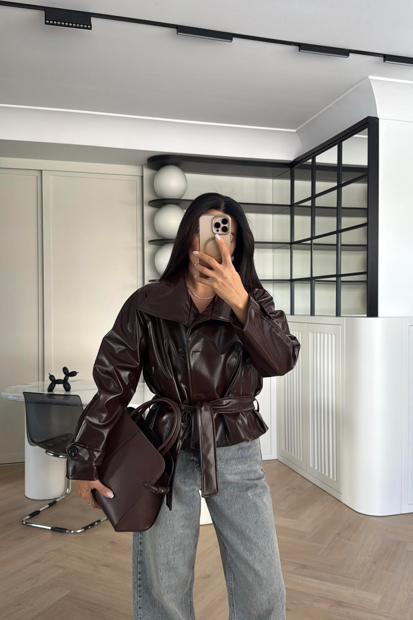 ACI KAHVE DİK YAKA DERİ CEKET