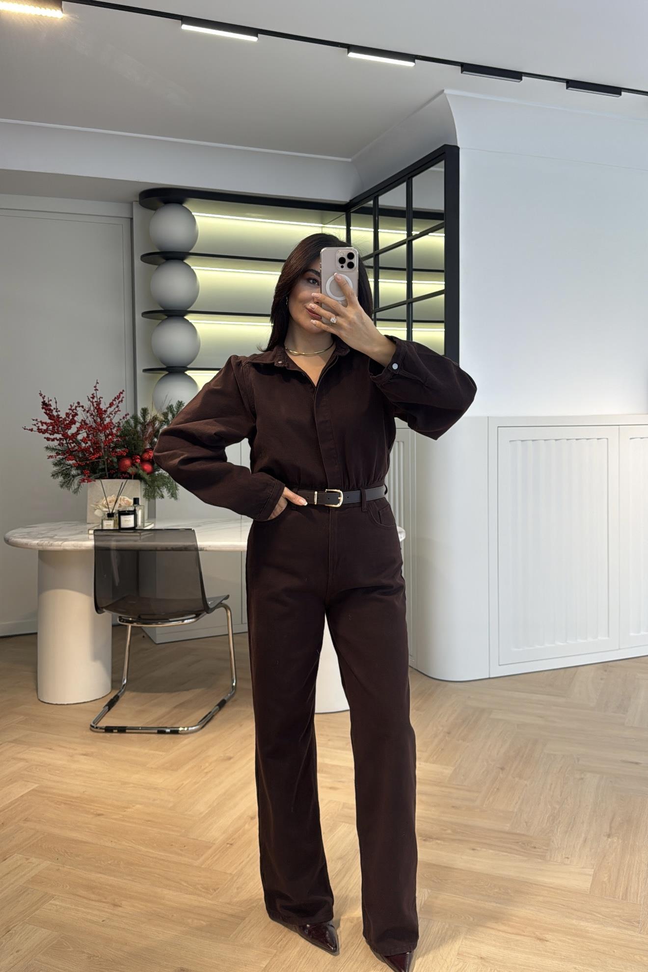 ACI KAHVE KEMER DETAYLI DENİM TULUM