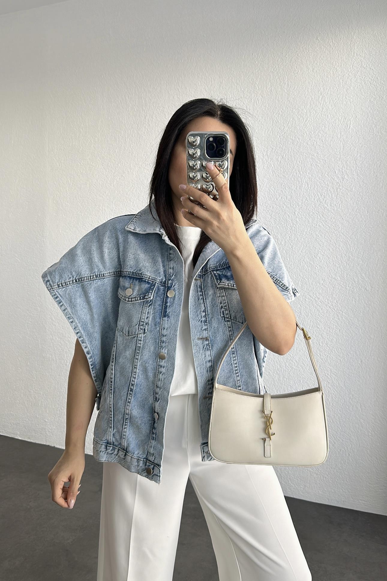 Açık Mavi Rahat Kalıp Tasarım Denim Yelek 