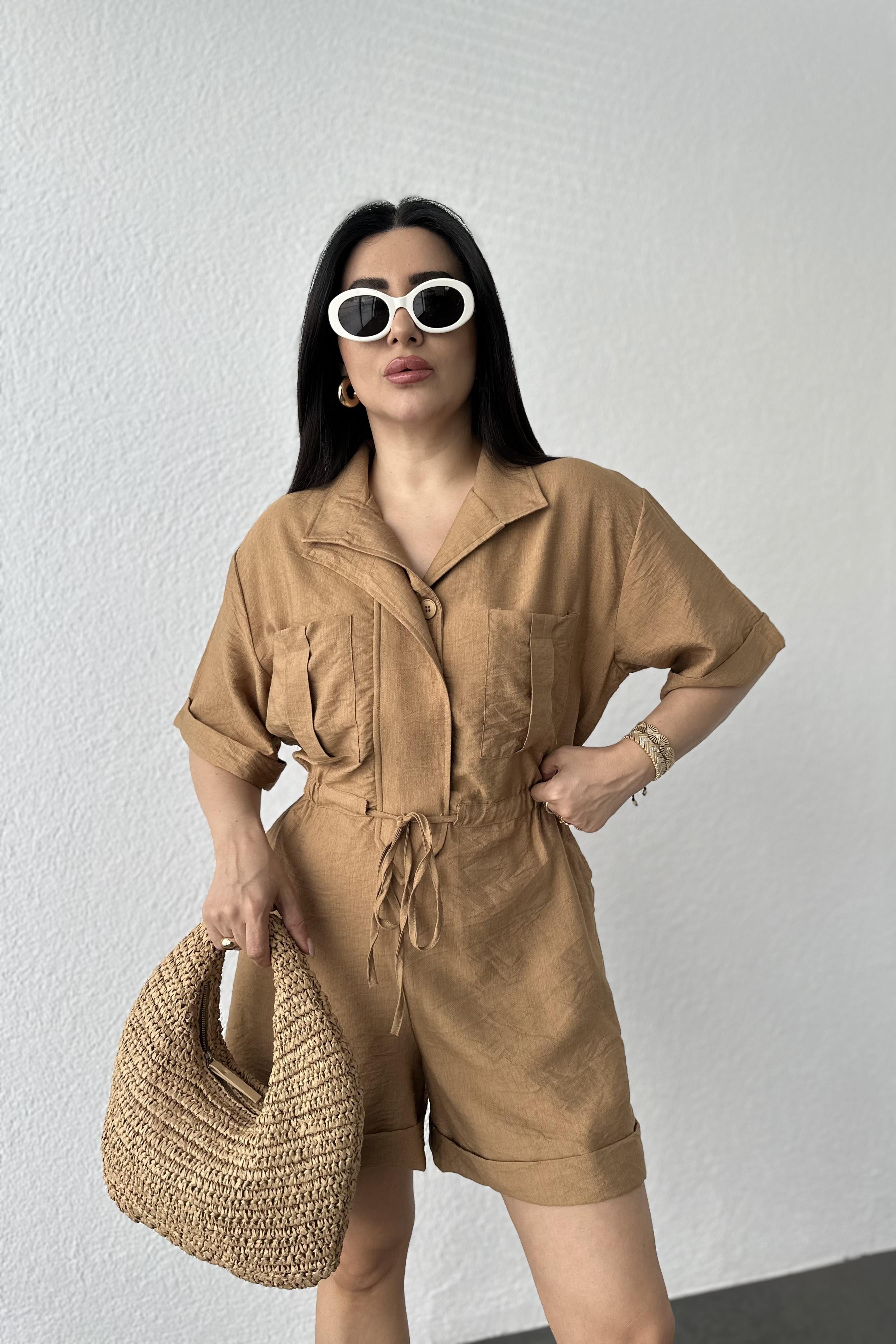 Aerobin Kumaş Beli Lastikli Şehir Boy Rahat Kalıp Tulum