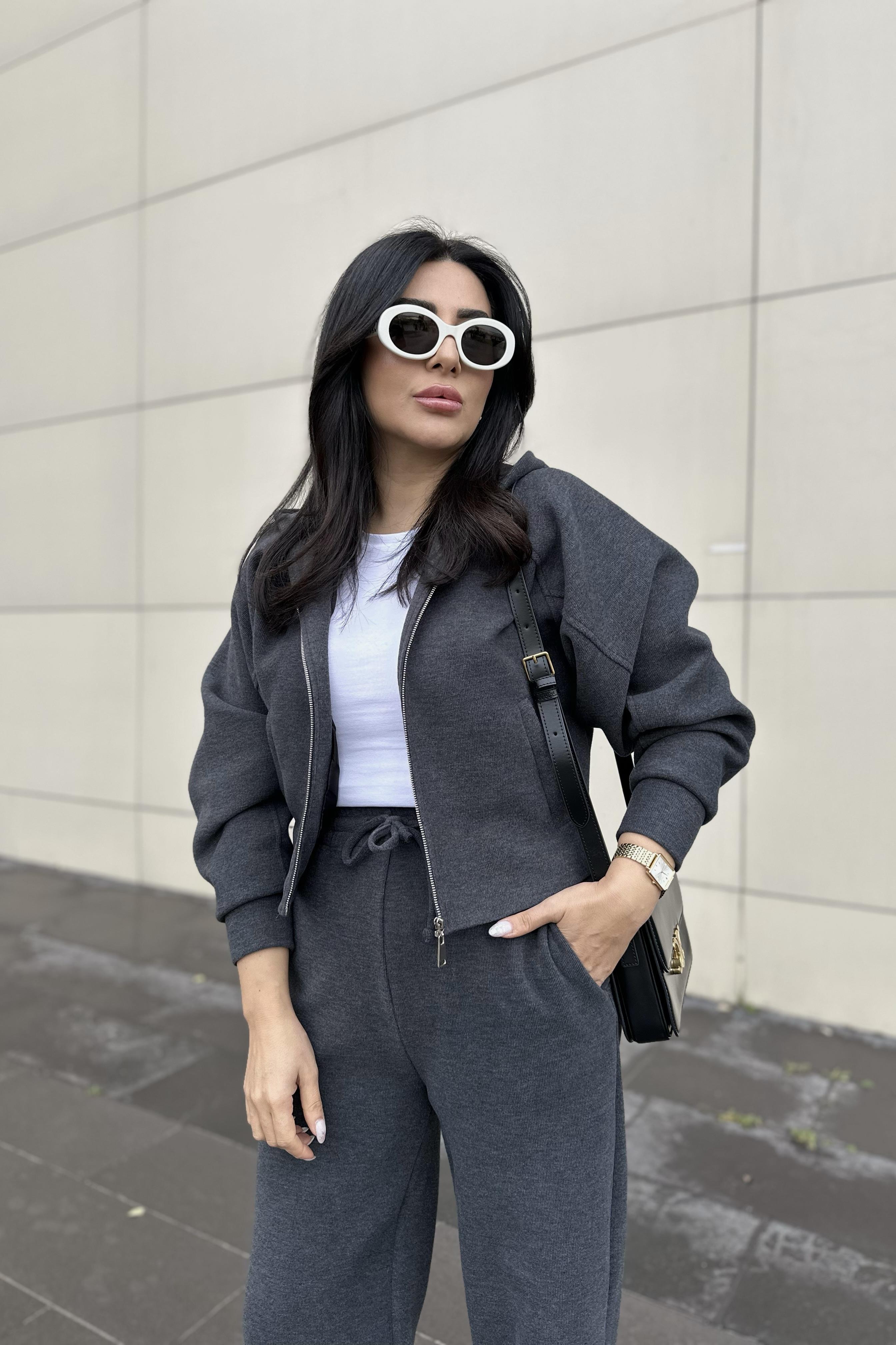 Antrasit Önü Fermuarlı Sweatshırt Pantolon Takım 