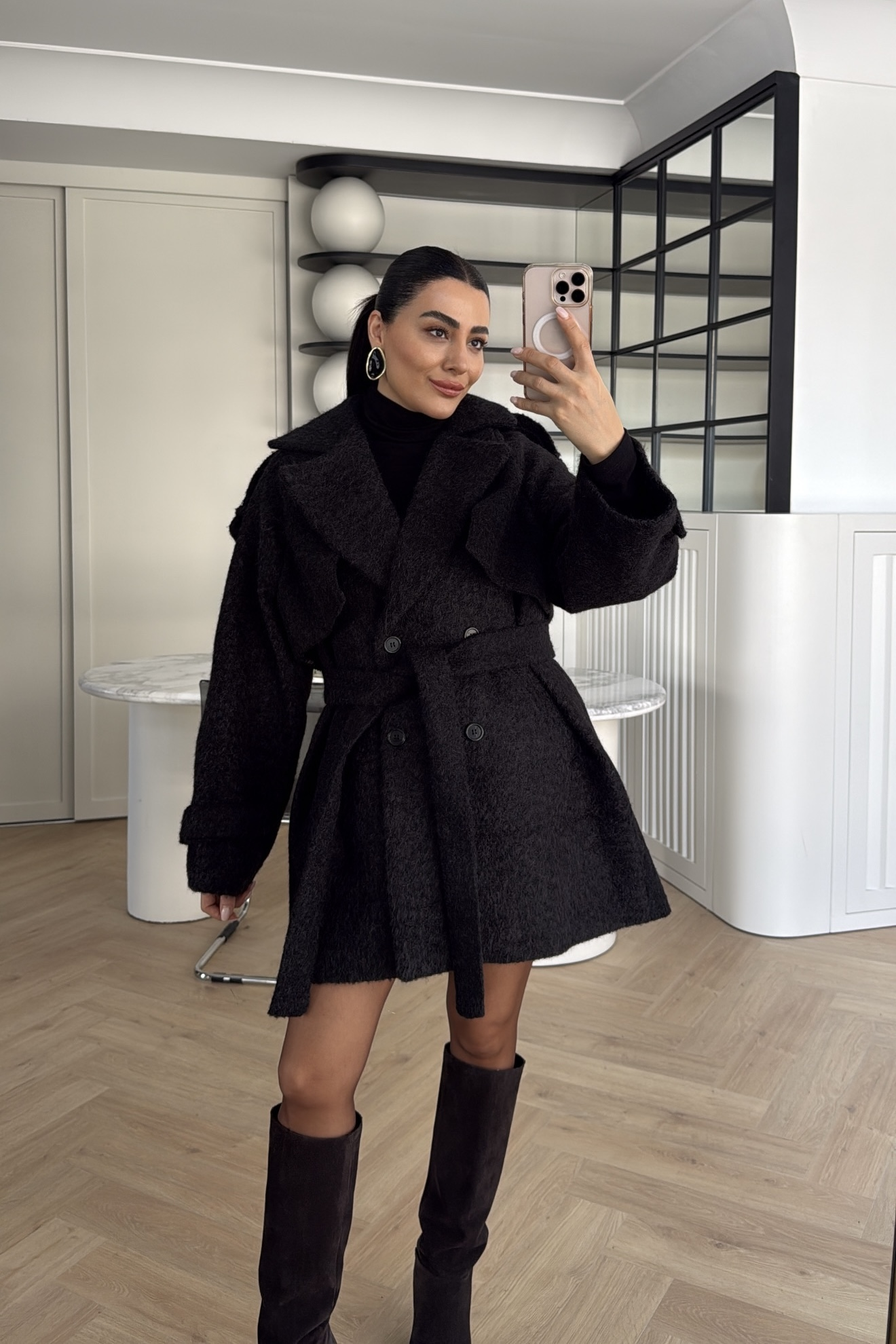 ARKASI RÜZGARLIKLI ÖZEL DOKULU PREMİUM KABAN SİYAH 