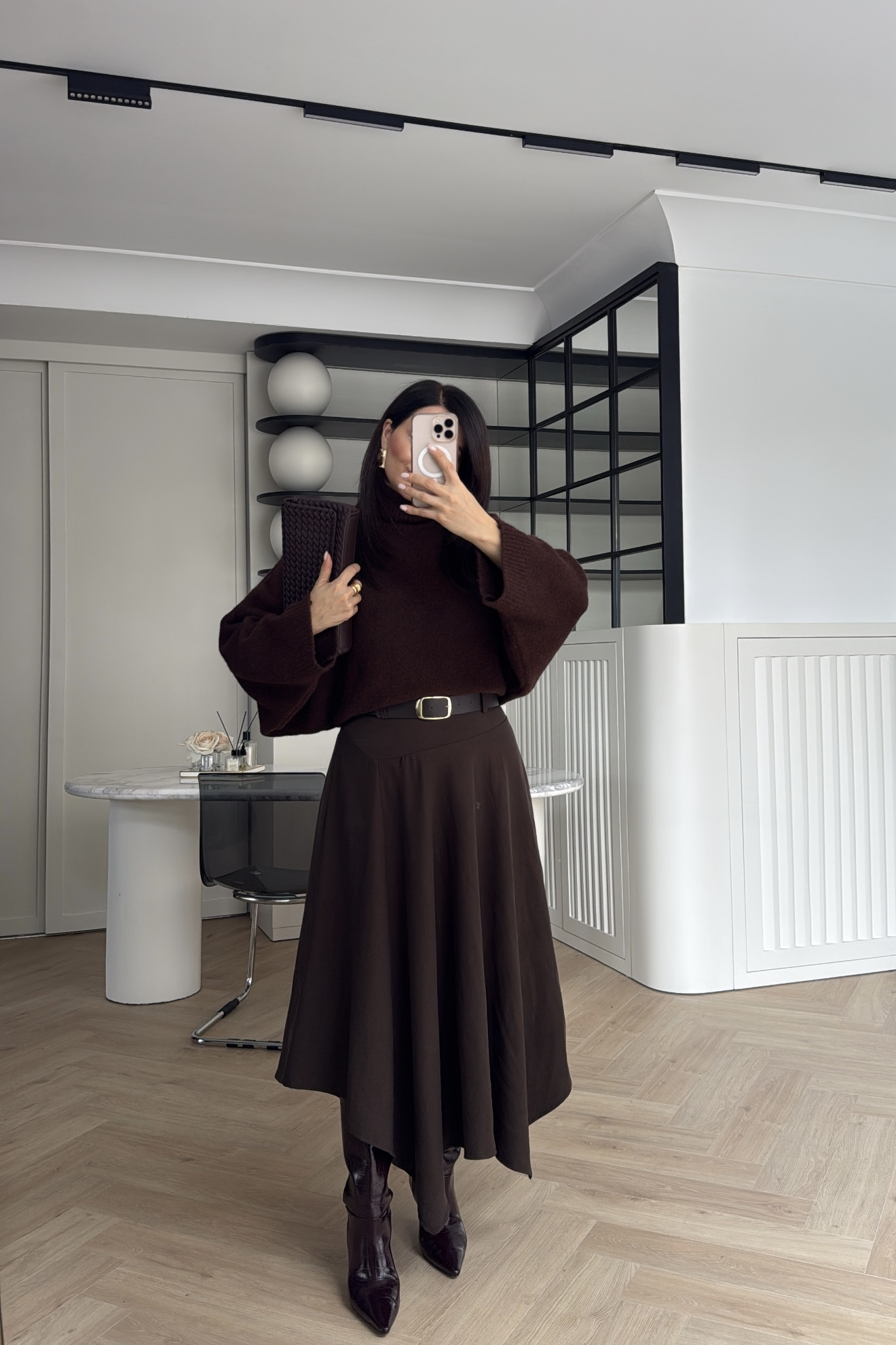 ASİMETRİK KESİM KEMERLİ ETEK KAHVE 