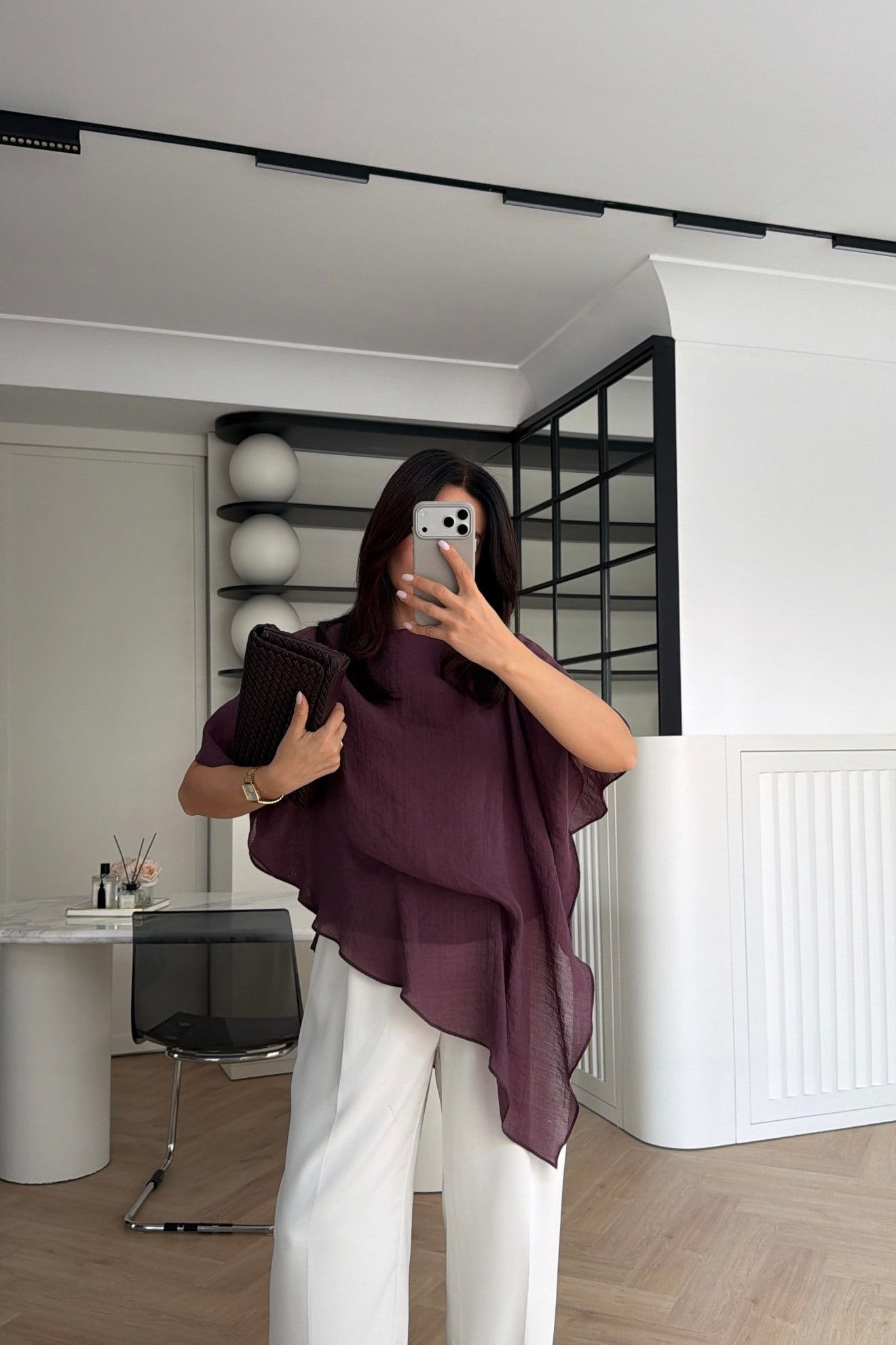 ASİMETRİK KESİM ŞİFON BLUZ MÜRDÜM 