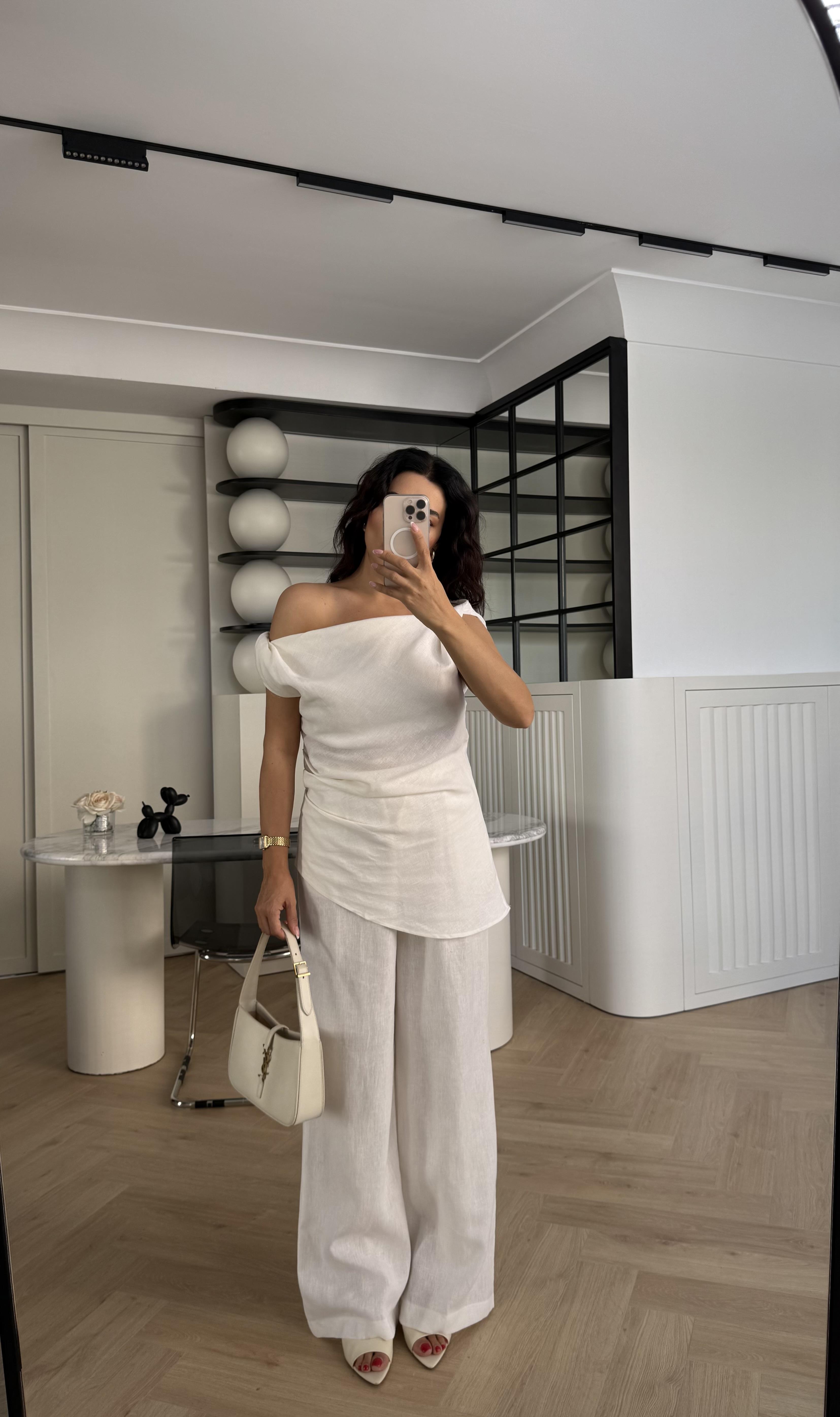 ASIMETRIK KESIM TEK OMUZ DUSUK BEYAZ %100 HAM KETEN TAKIM