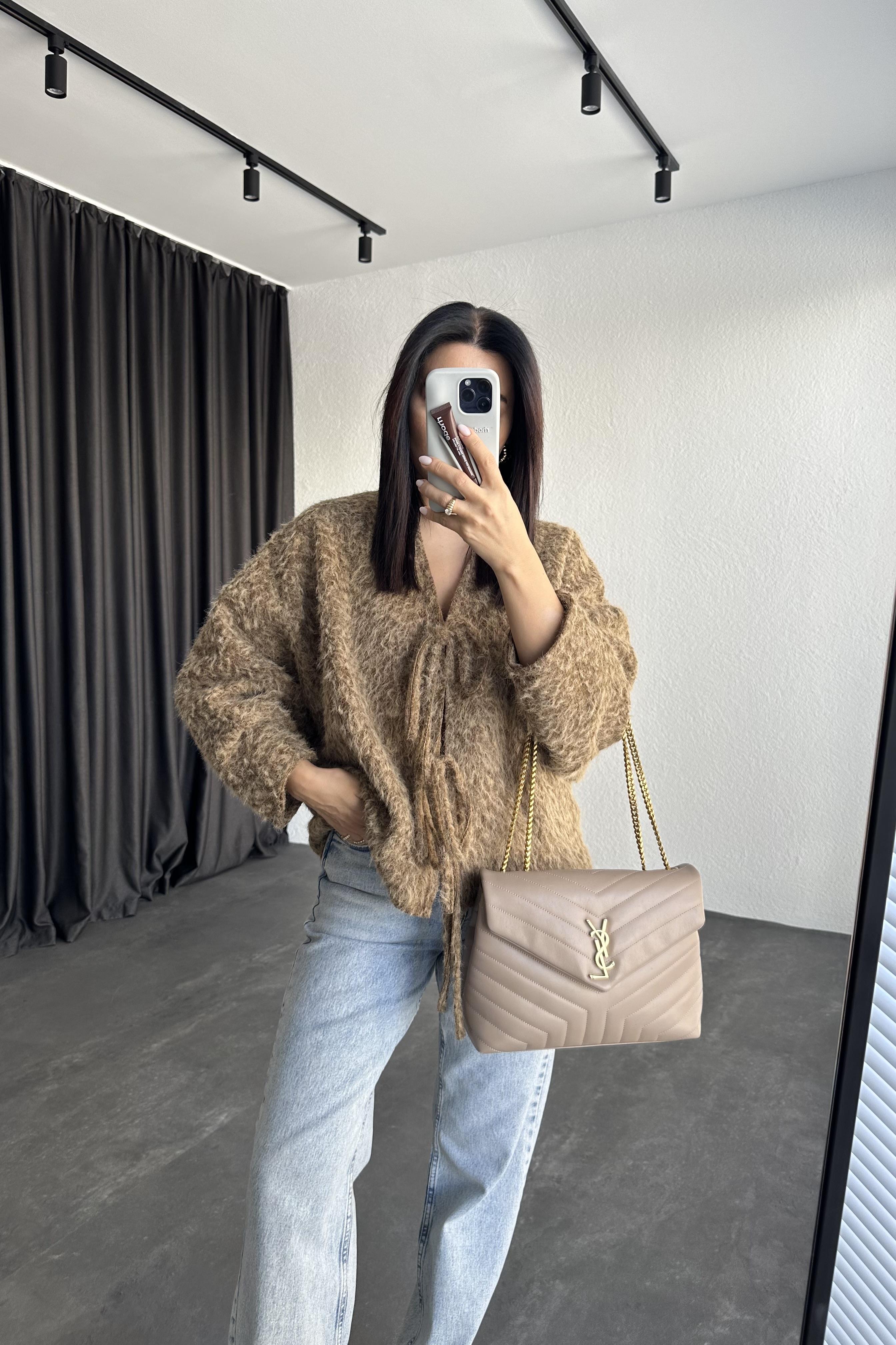 Astarlı Bağlama Detaylı Şardonlu Ceket Açık Kahve