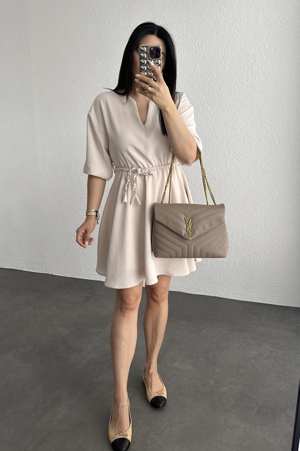 Astarlı Beli Lastikli Şifon Elbise Bej