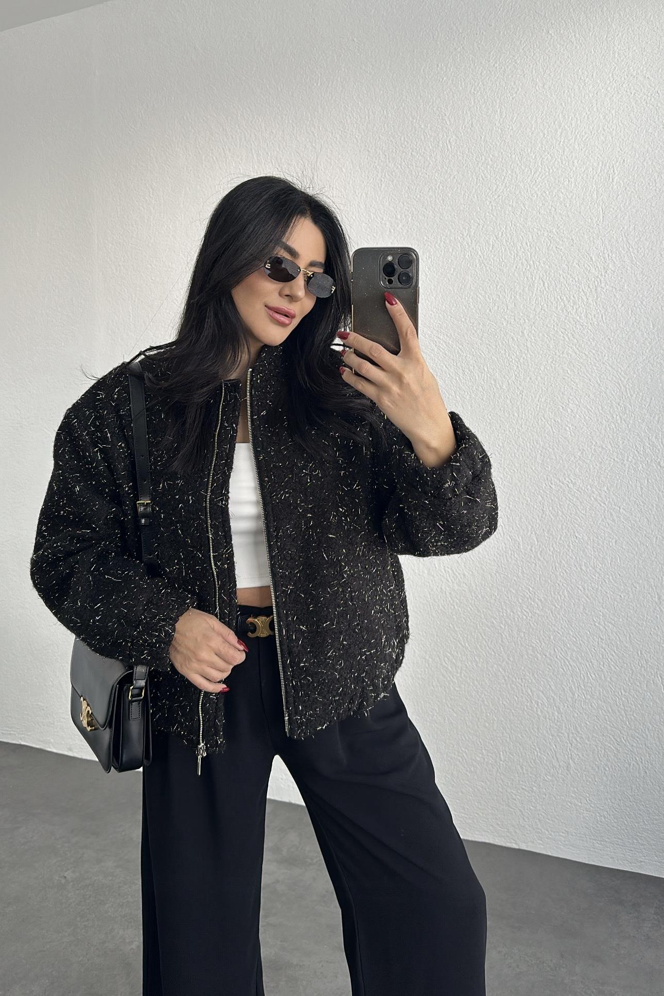 Astarlı Simli Buklet Dokulu Bomber Ceket