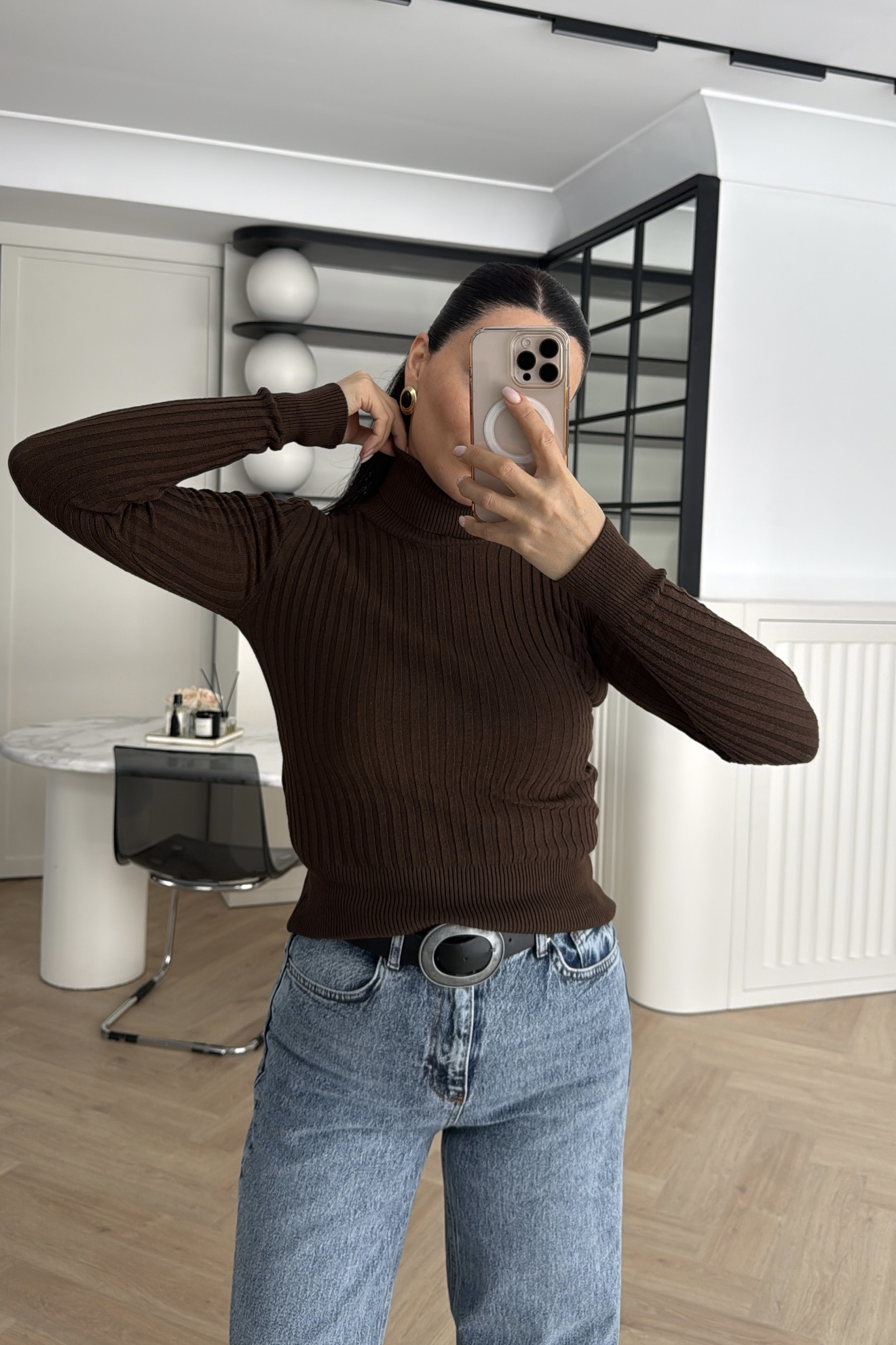 BALIKÇI YAKA TRİKO KAZAK KAHVE