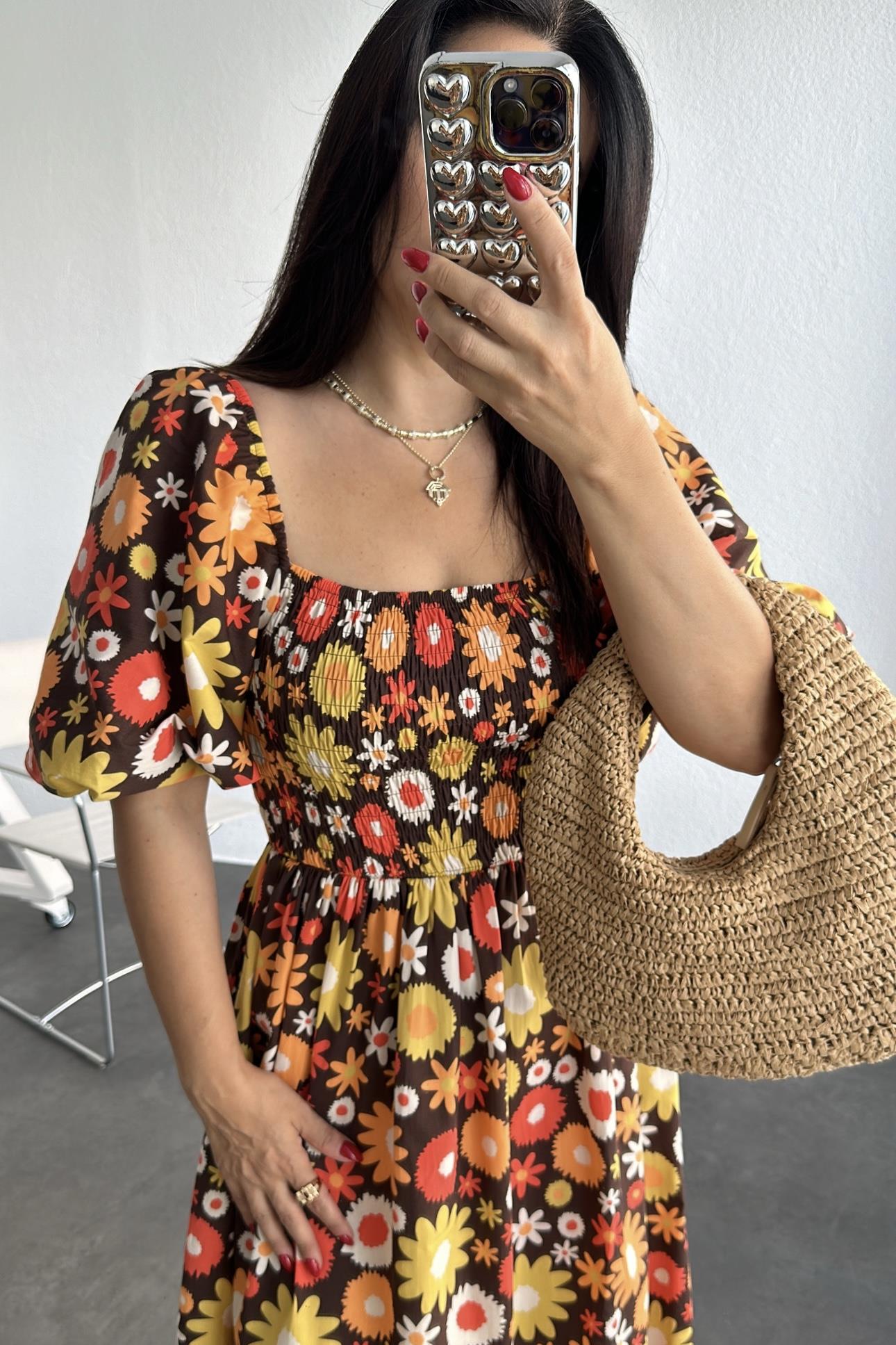 Balon Kol Çiçekli Poplin Kumaş Renklı Elbise