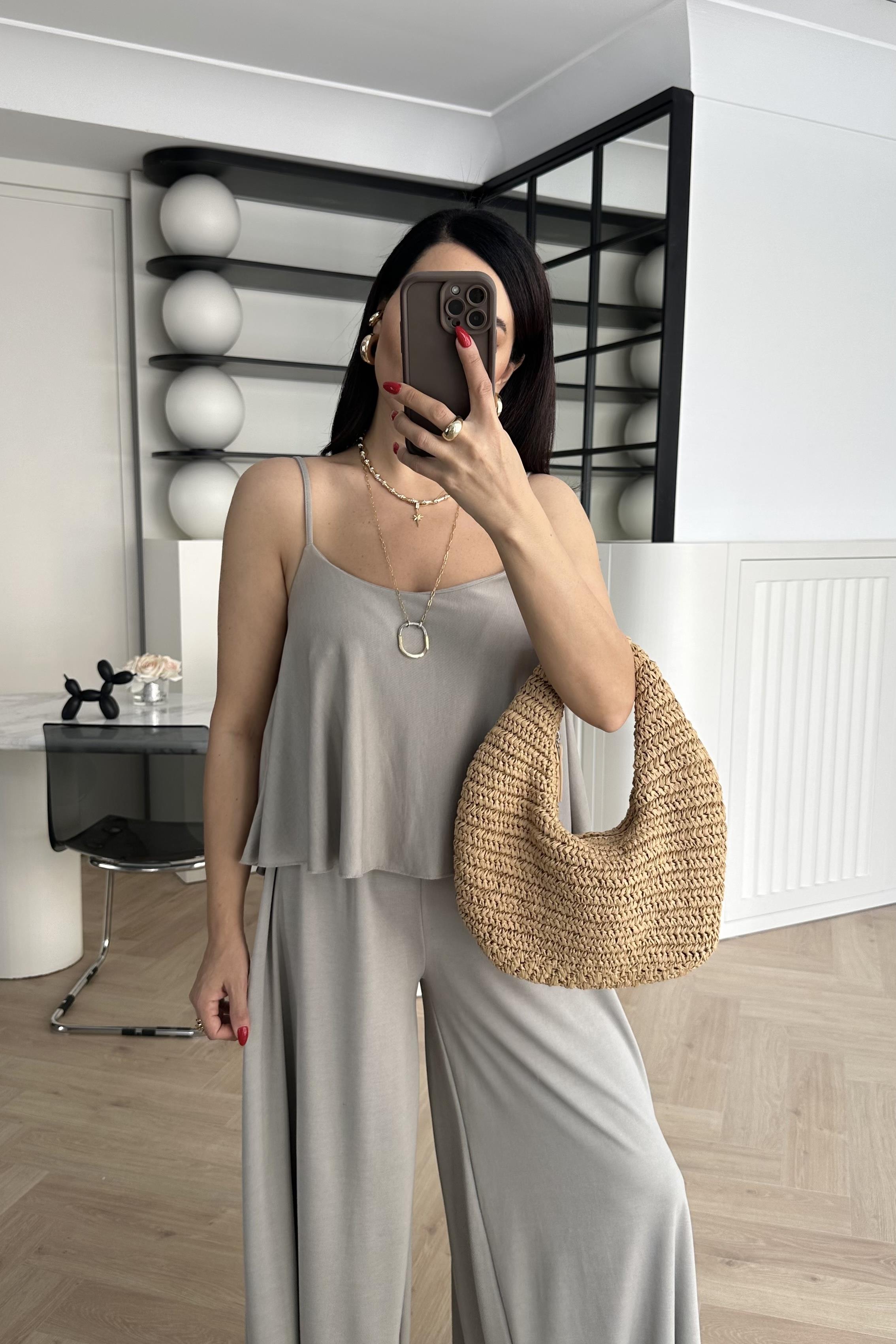 Bej İp Askılı Bol Paça Takım