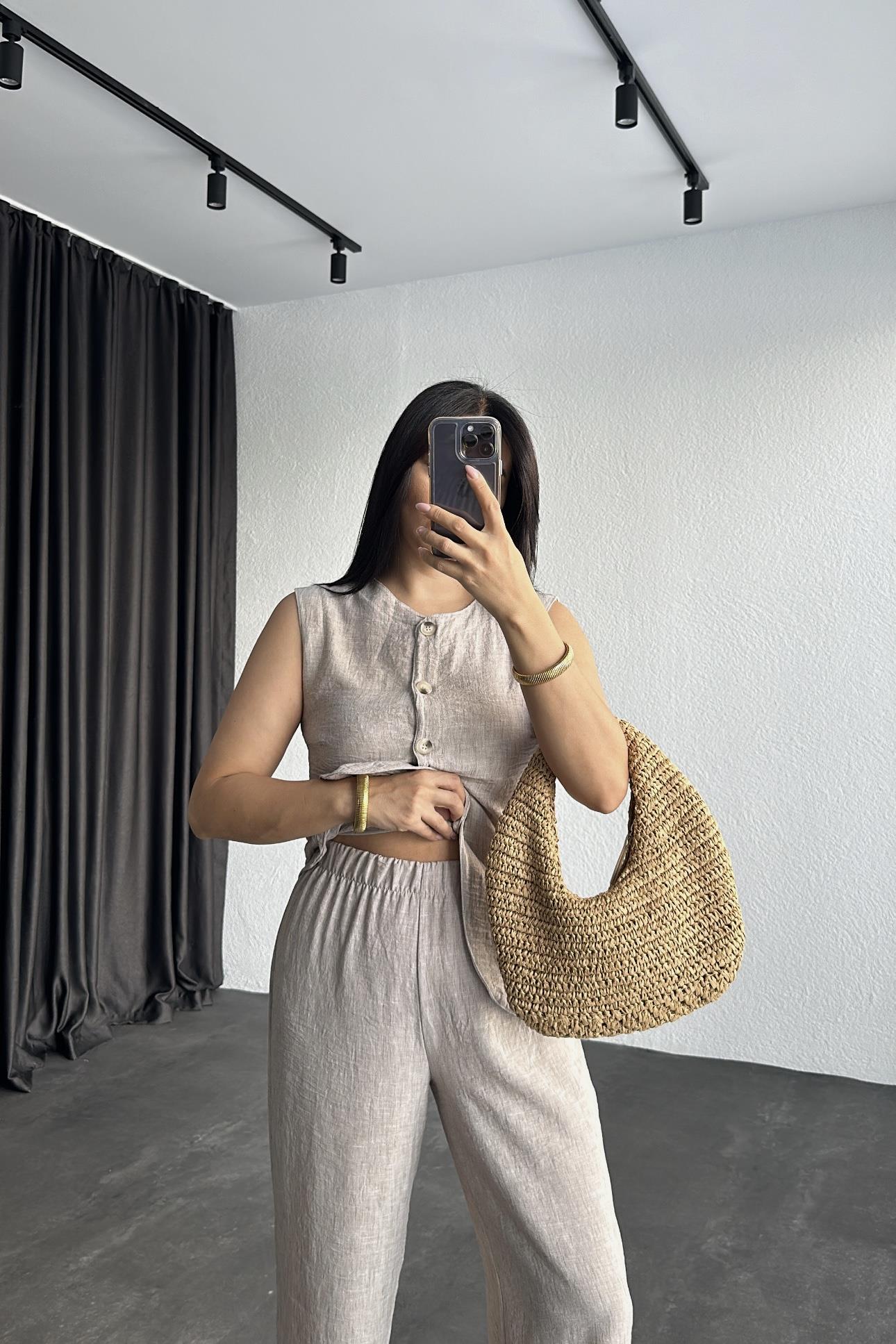 Bej Keten Önden Düğmeli Yelek Pantolon Takım