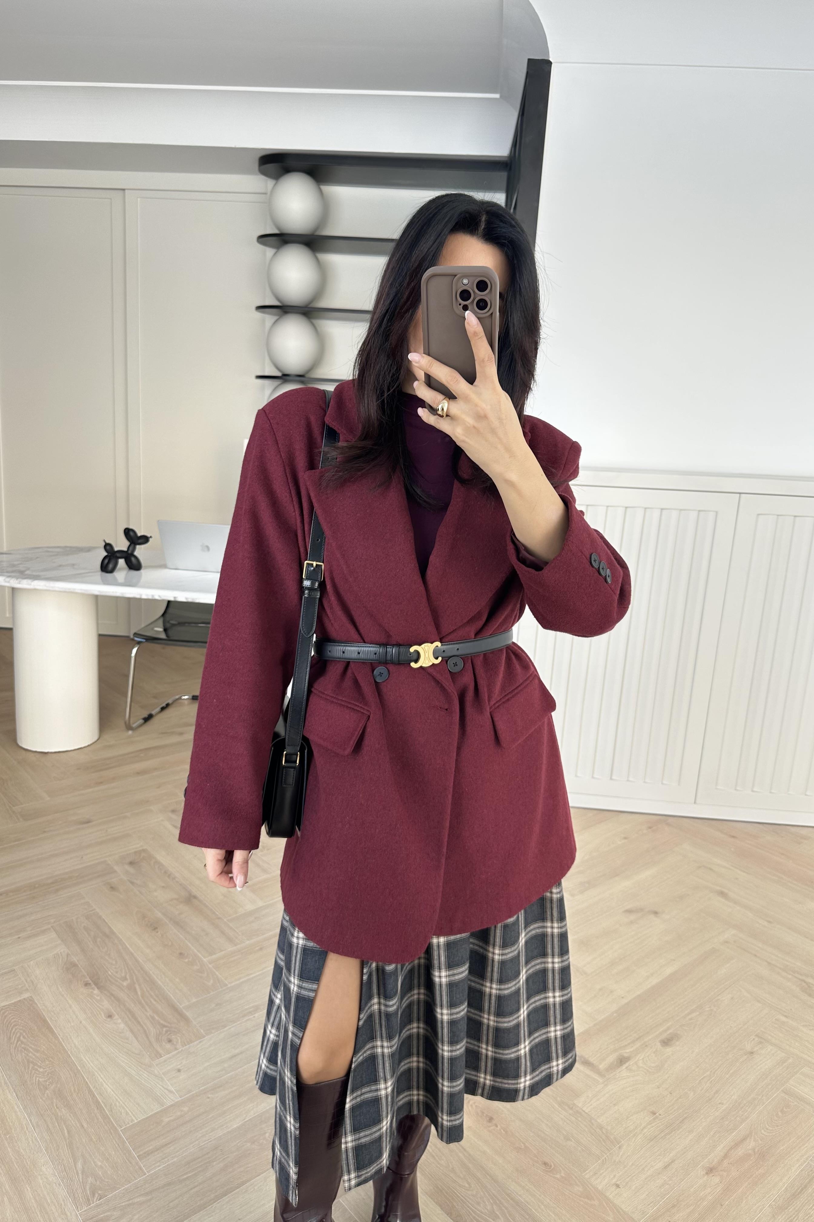 Beli Kemerli Astarlı Oversize Bordo Kaşe Ceket