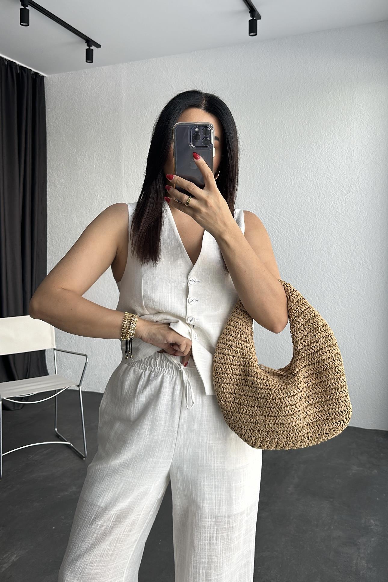 Beli Lastikli Astarlı Ekru Keten Pantolon 