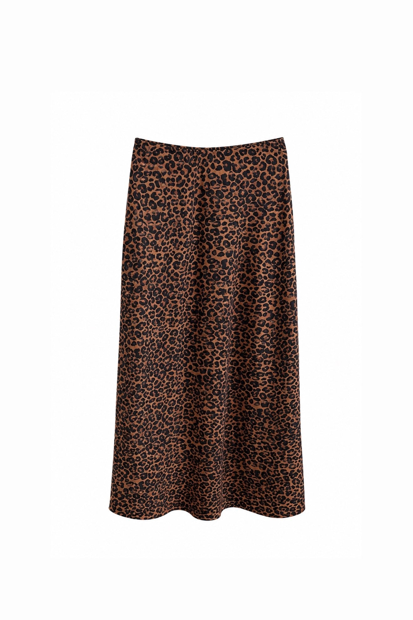 BELİ LASTİKLİ LEOPAR DESENLİ MİDİ SATEN ETEK 