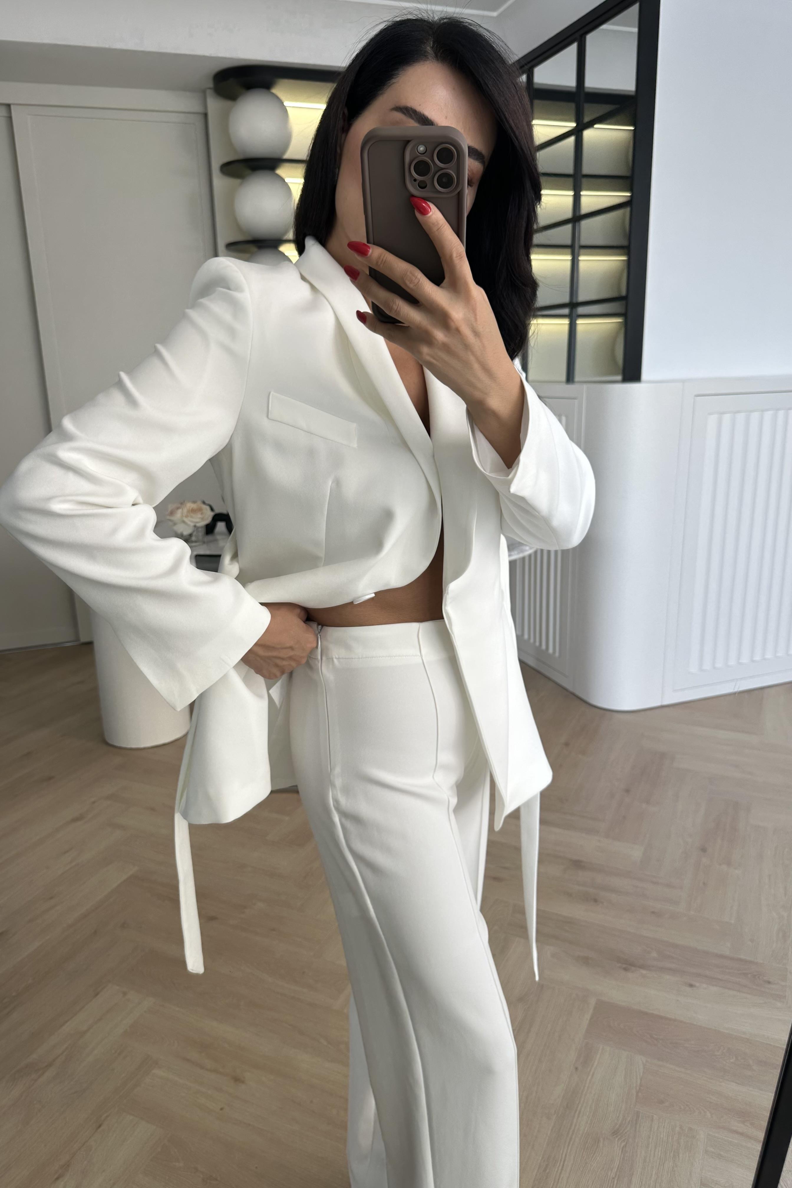 Beyaz Zr Model Blazer Ceket Pantolon Takım