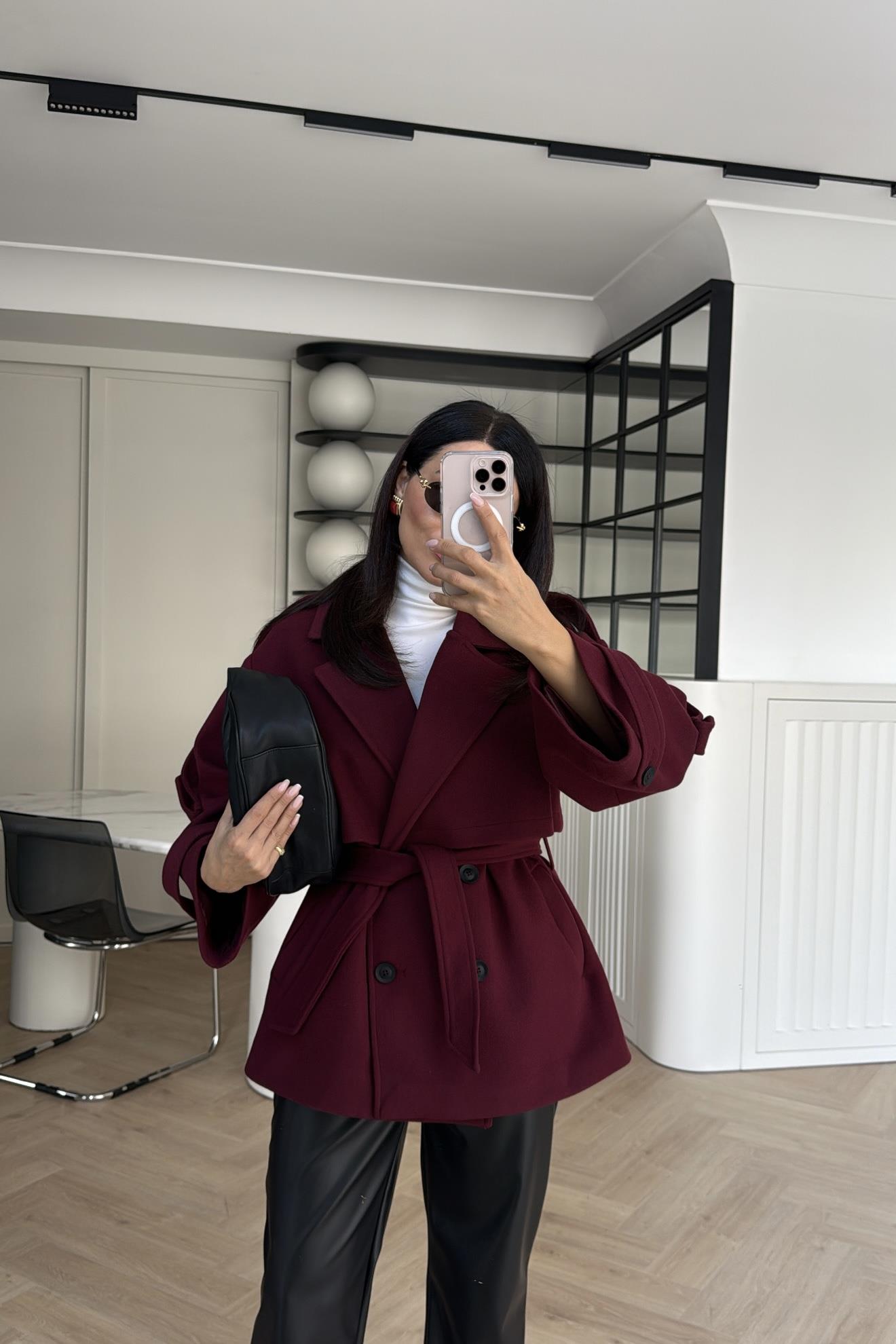 BORDO ARKASI RÜZGARLIKLI KUŞAKLI PREMIUM KAŞE KABAN