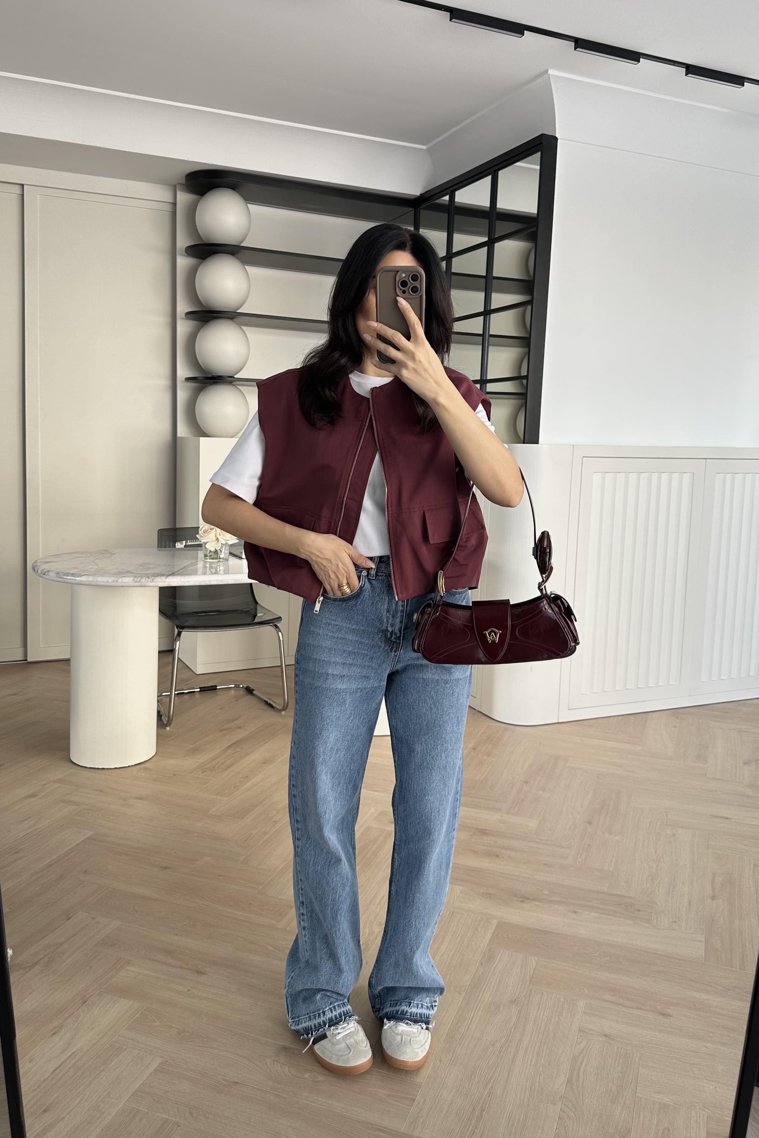 Bordo Astarlı Gabardin Kumaş Yelek 