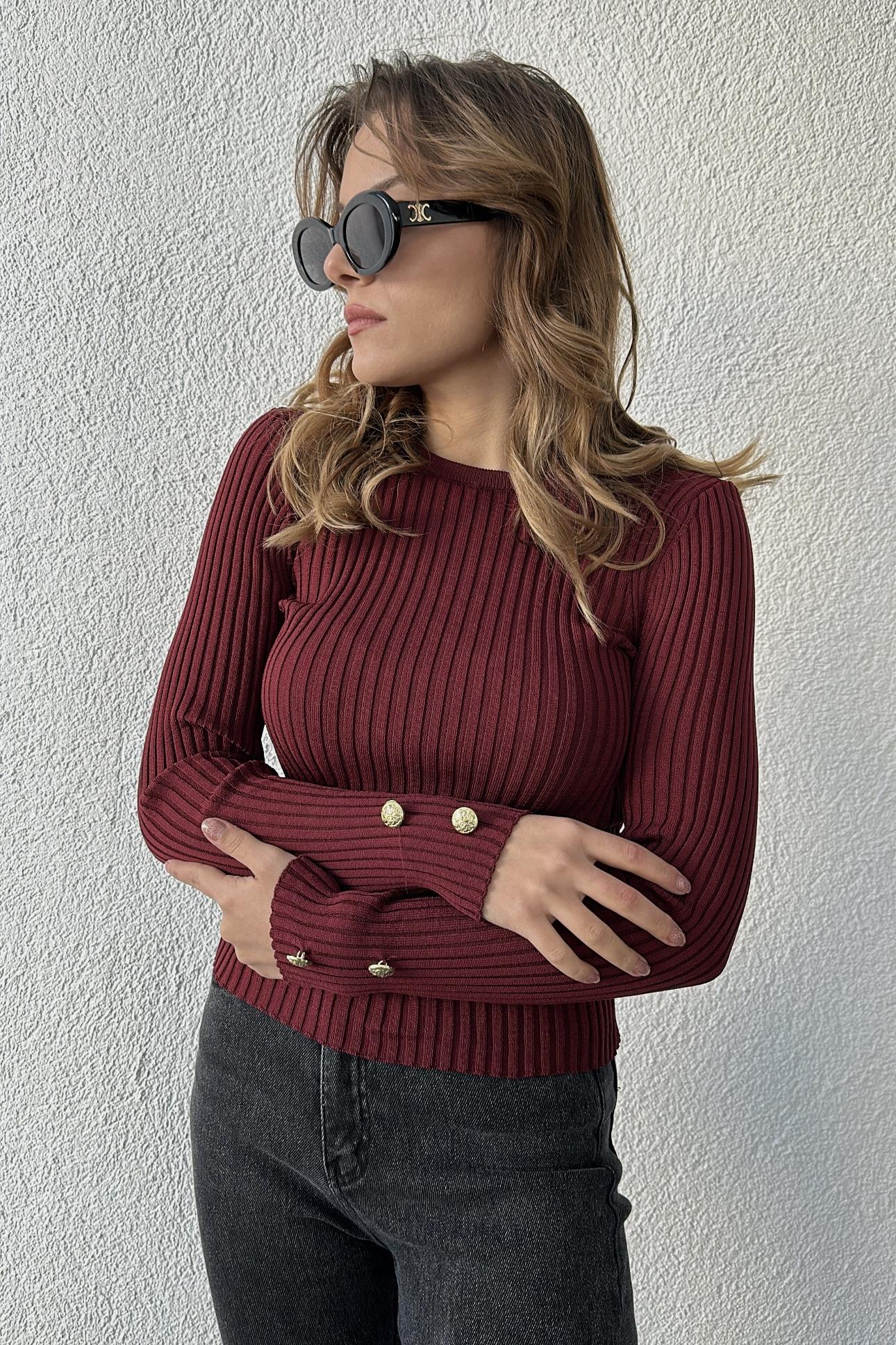 Bordo Bisiklet Yaka Kolları Düğme Detaylı Triko