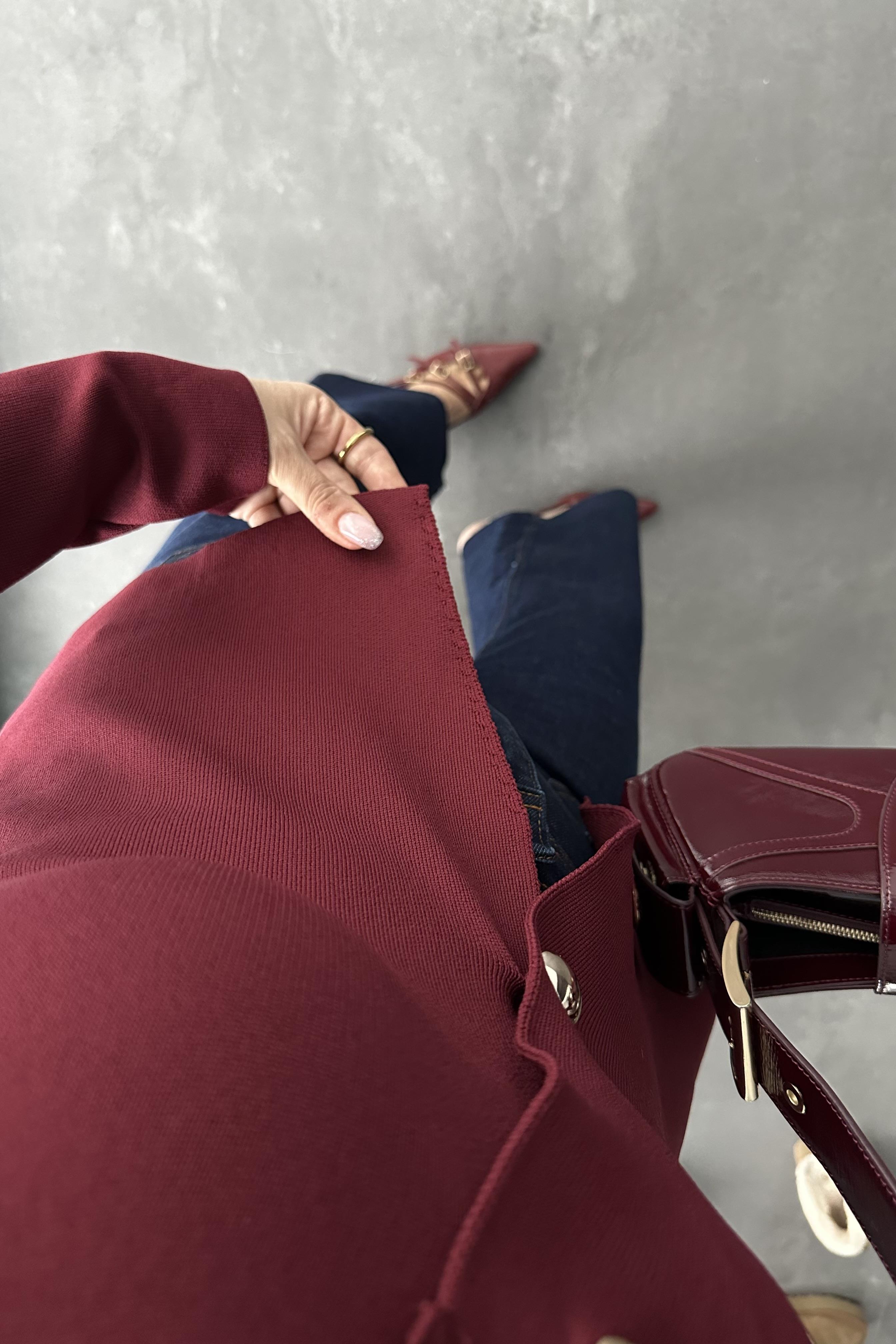 Bordo Çelik Triko Gold Düğmeli Bluz