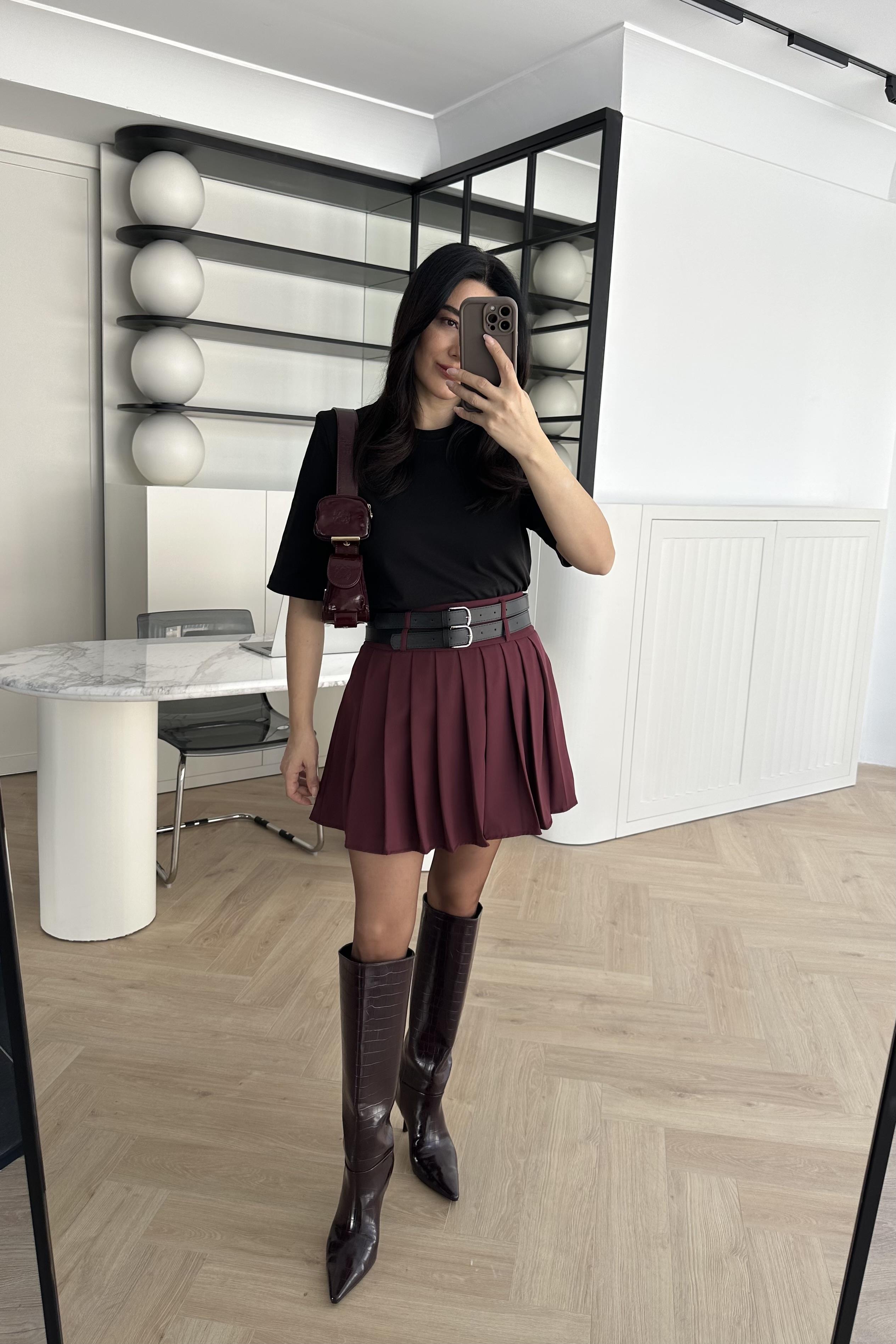 Bordo Çift Kemerli Pileli Etek