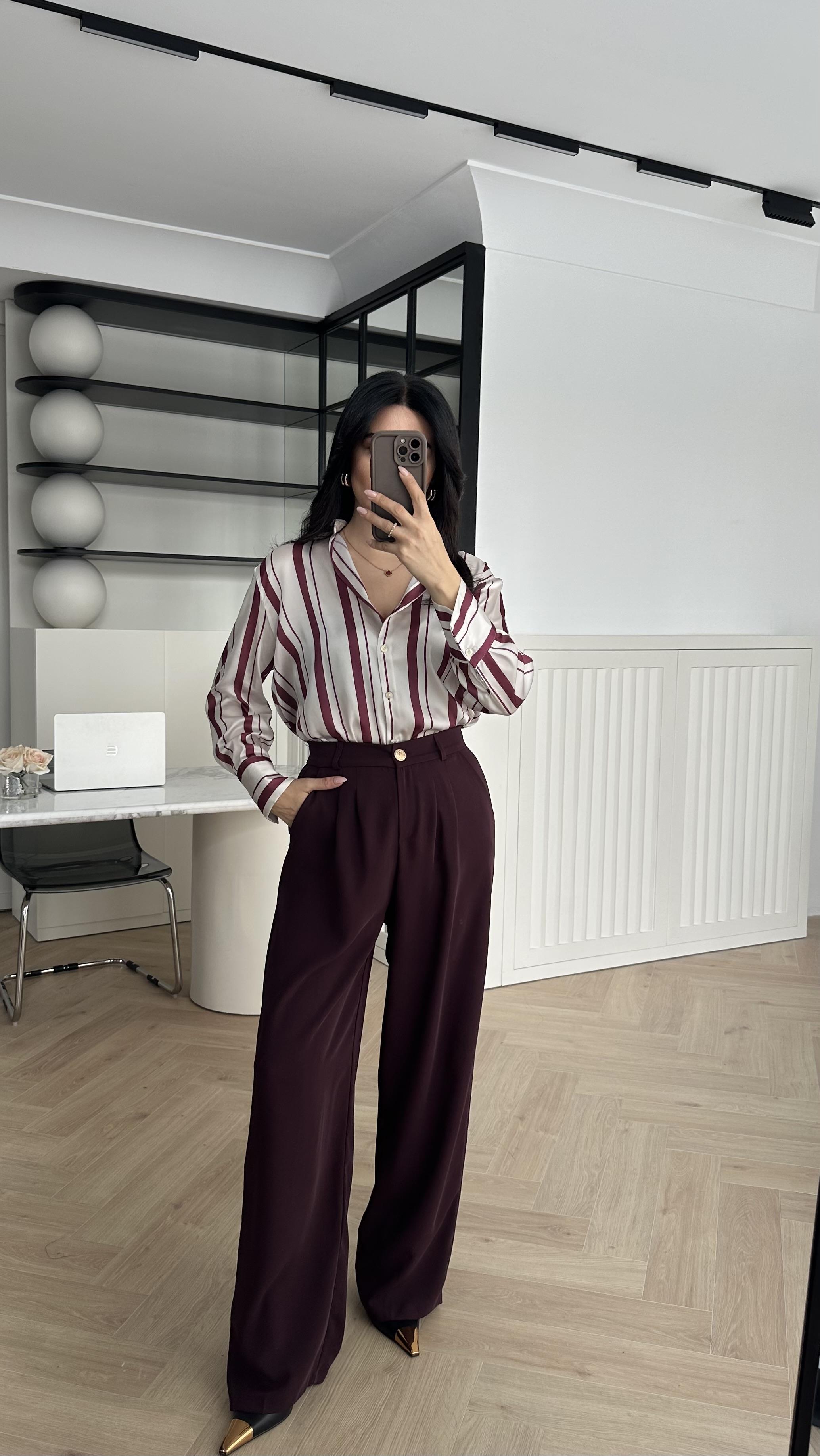 Bordo Çizgili Saten Gömlek