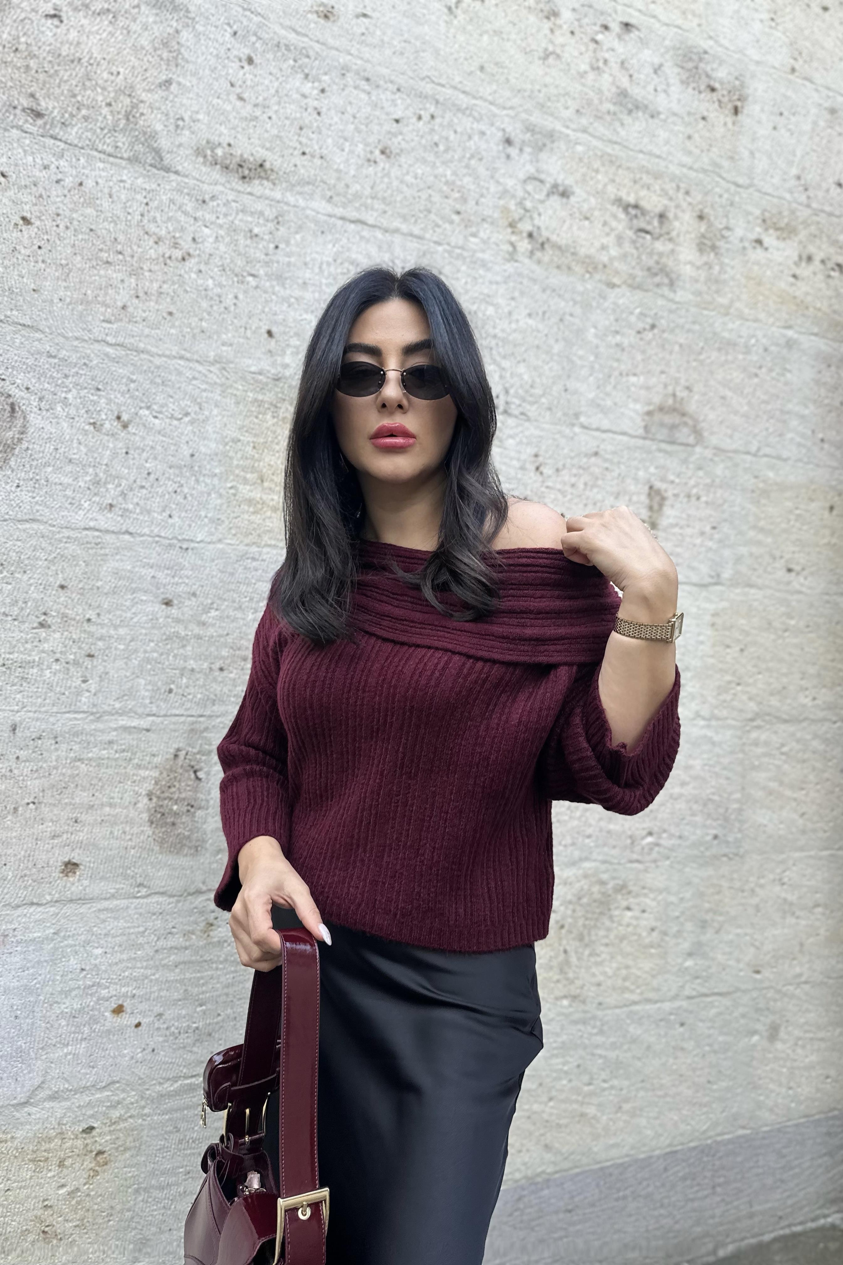 Bordo Degaje Yaka Fitilli Kısa Triko
