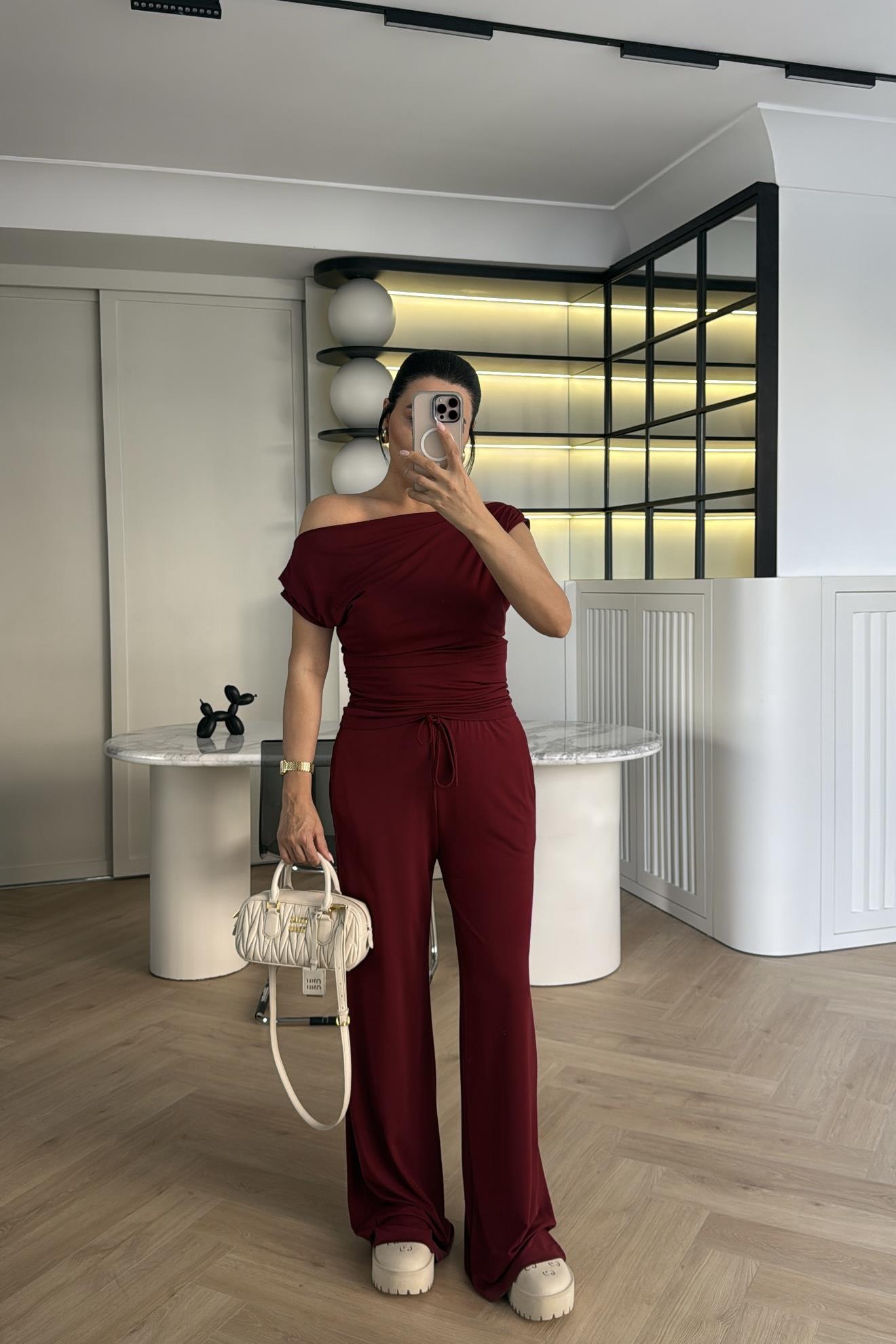 BORDO DÜŞÜK OMUZ MODAL KUMAŞ TAKIM 