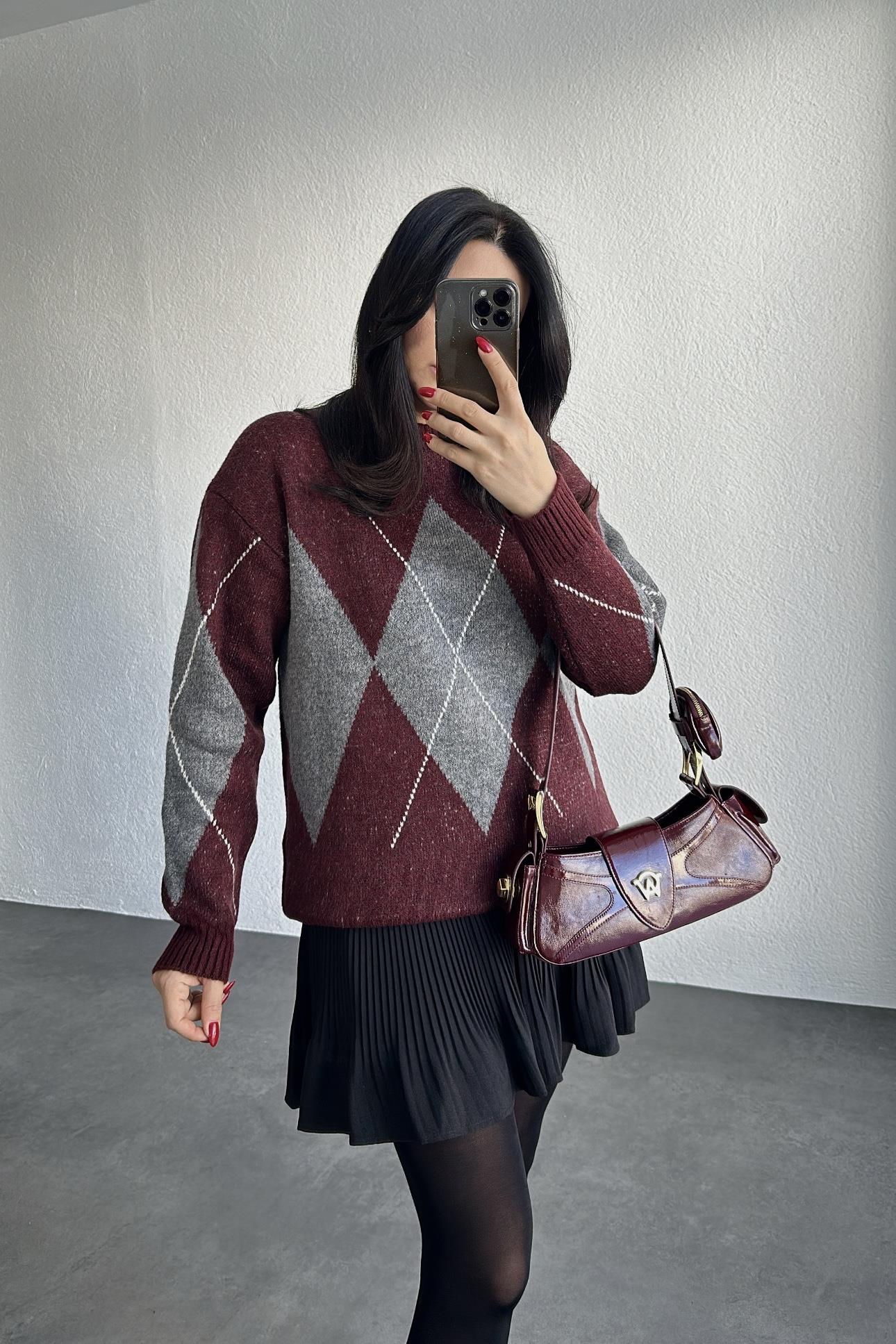 Bordo Gri  Baklava Desenli Triko Kazak