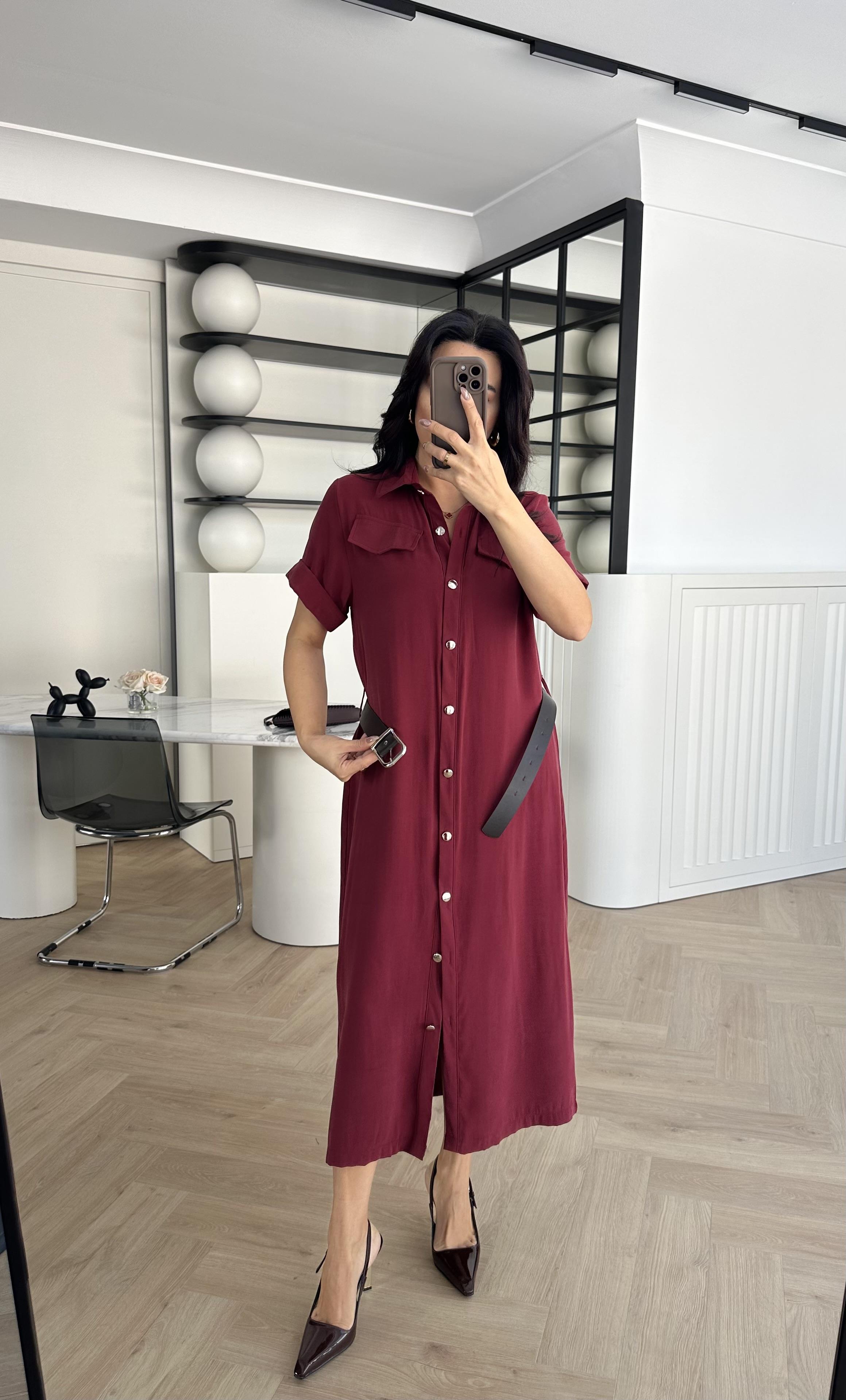 Bordo Kemerli Tensel Kumaş Gömlek Elbise