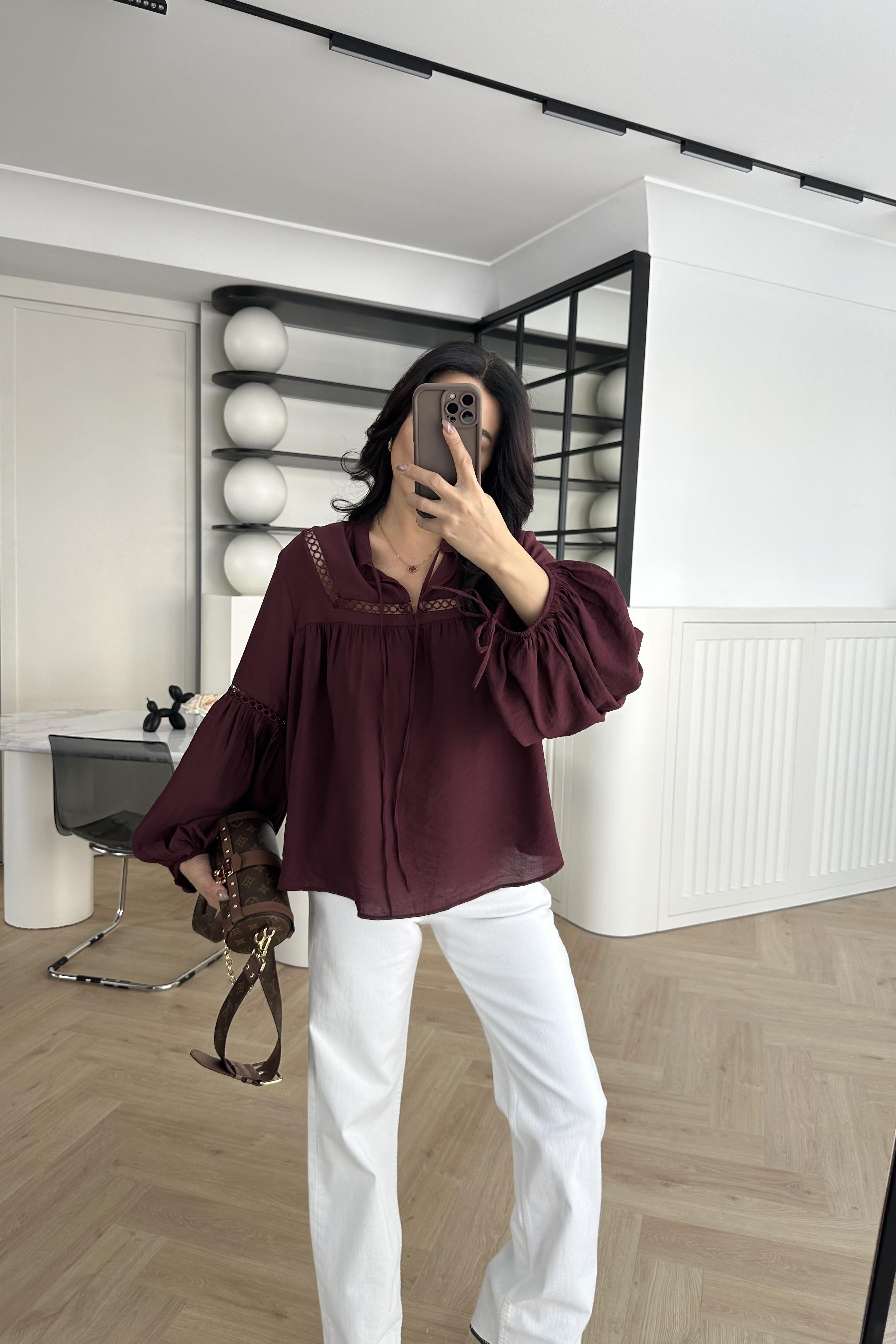 Bordo Nakışlı Keten Gömlek