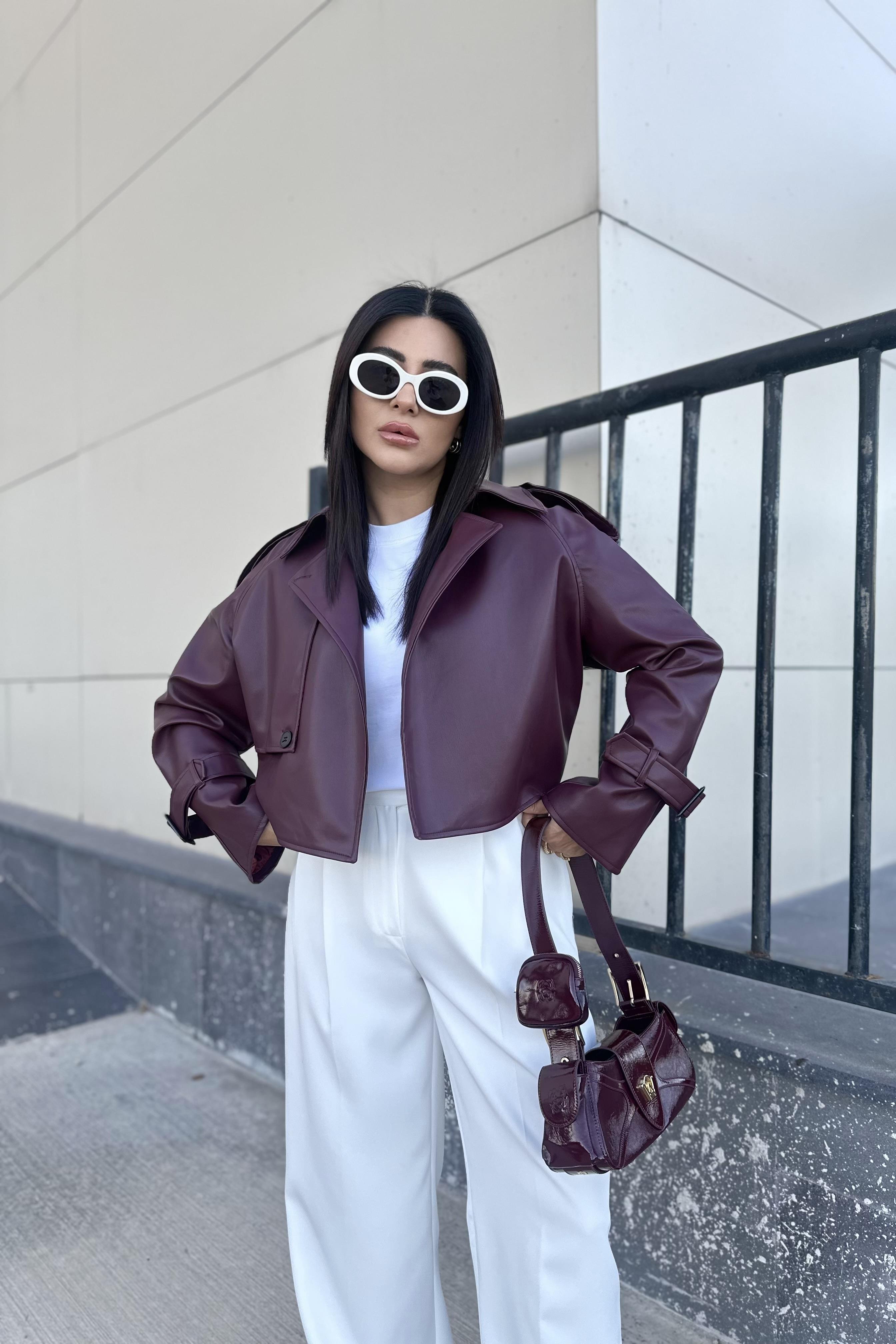 Bordo Renk Astarlı Deri Trençkot 