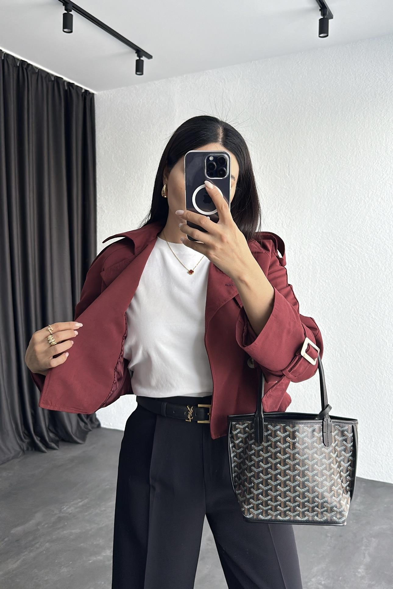 Bordo Renk Astarlı Kısa Trençkot 