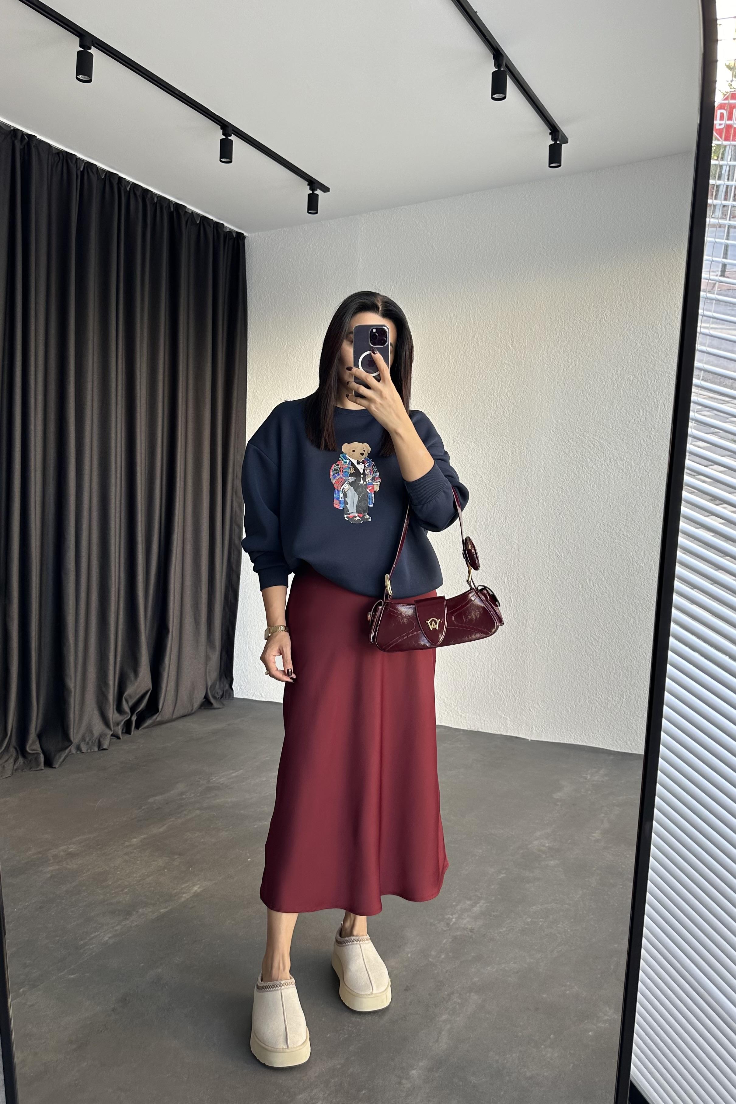 Bordo Renk Beli Lastikli Saten Etek