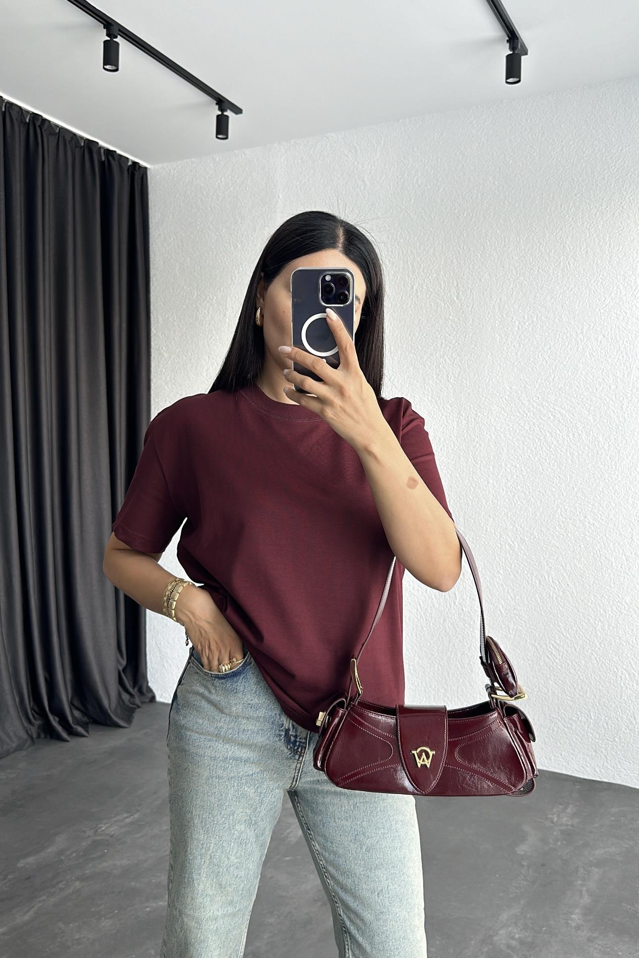 Bordo Renk Dekoratif Yaka Dilvin Marka Basic 