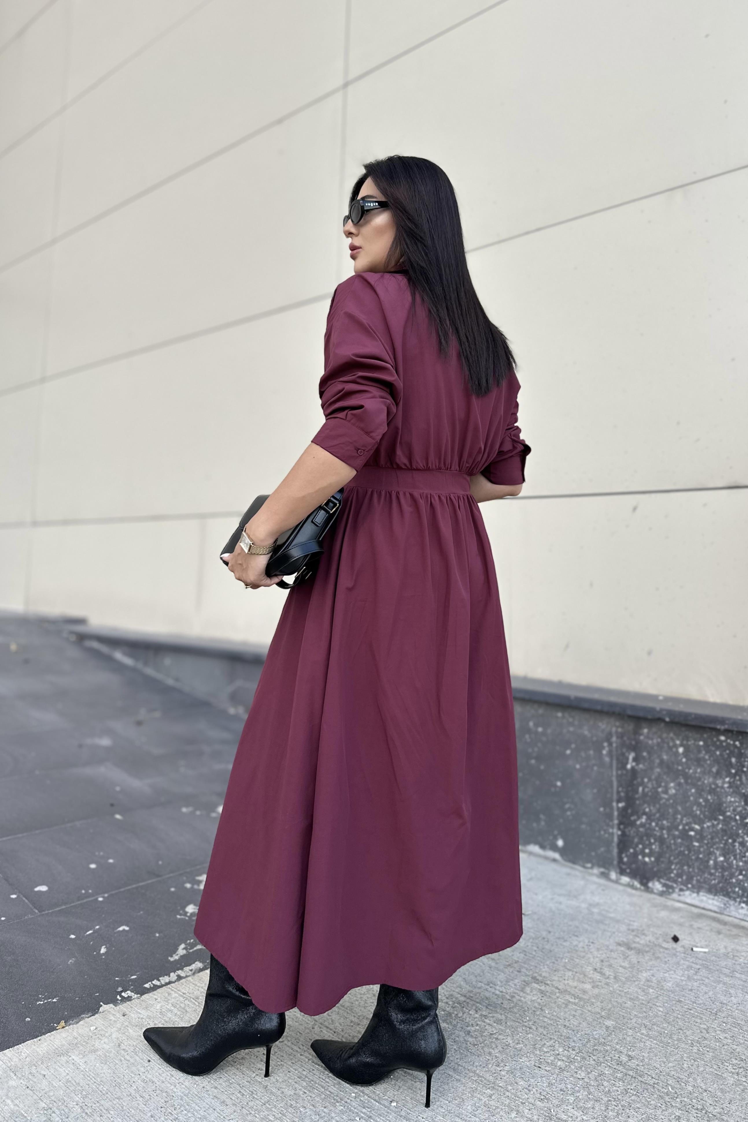 Bordo Renk Fermuar Detaylı Poplin Kumaş Elbise 