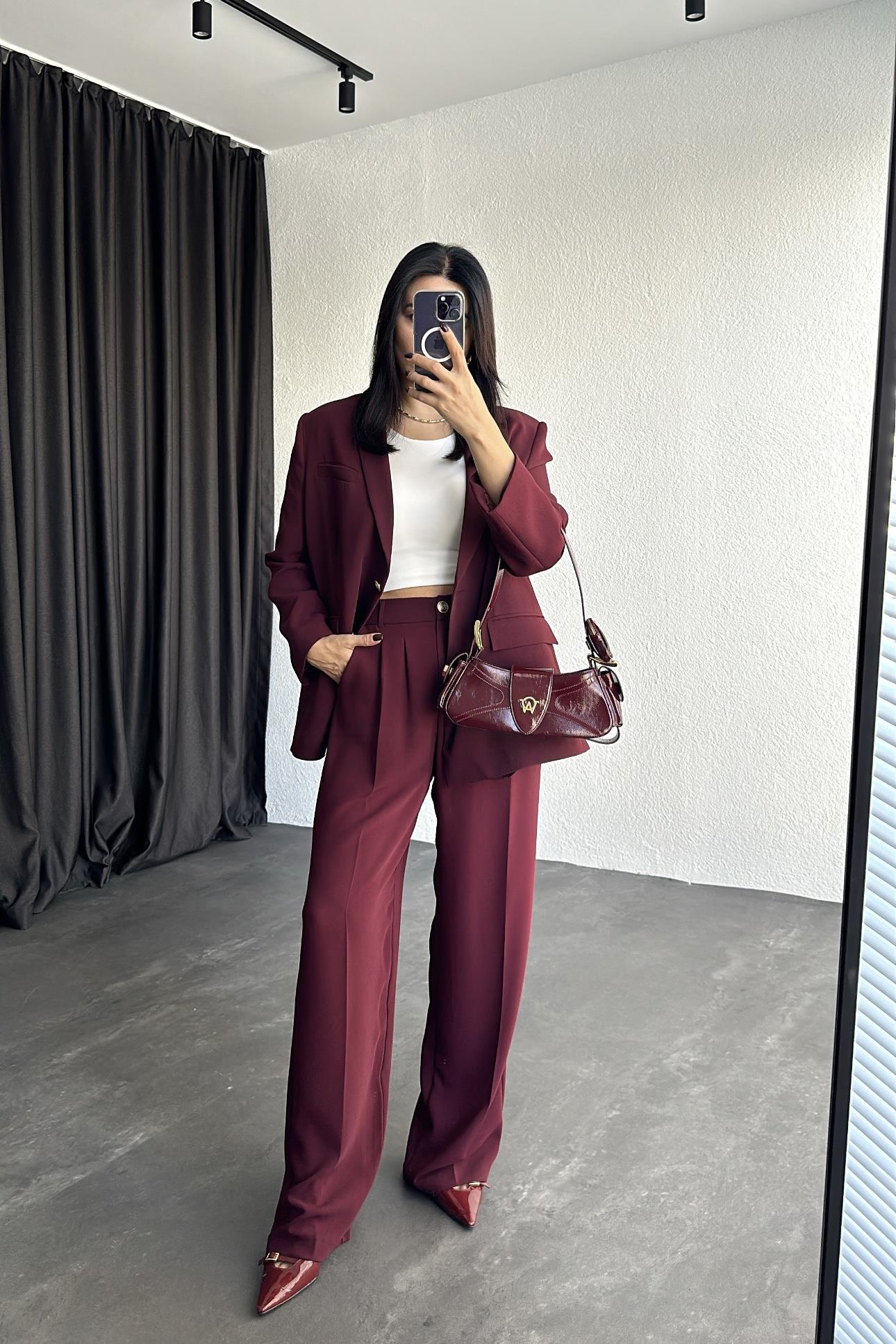Bordo Renk Gold Düğme Detaylı Premium Takım