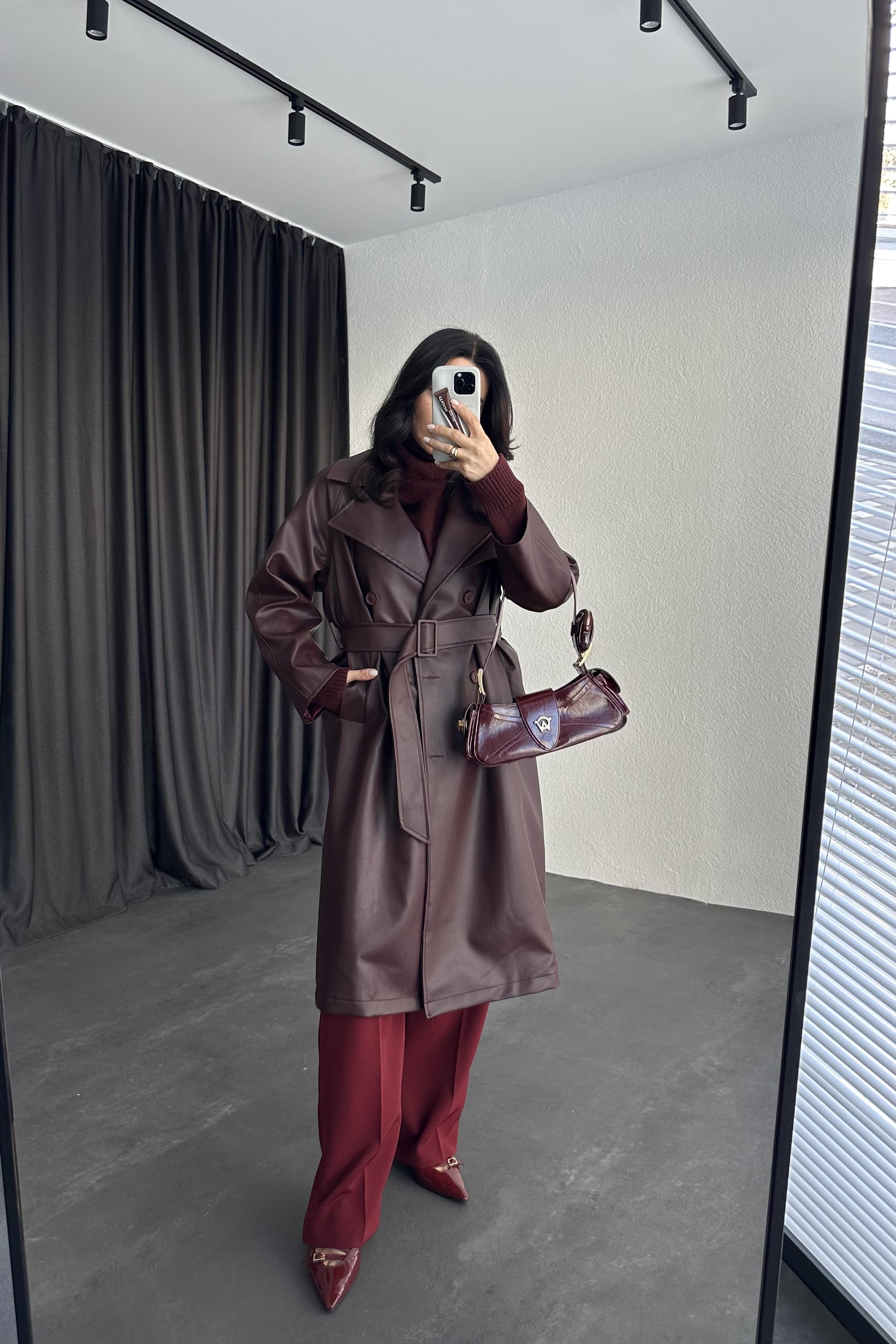 Bordo Renk Kemerli Deri Premium Trençkot 