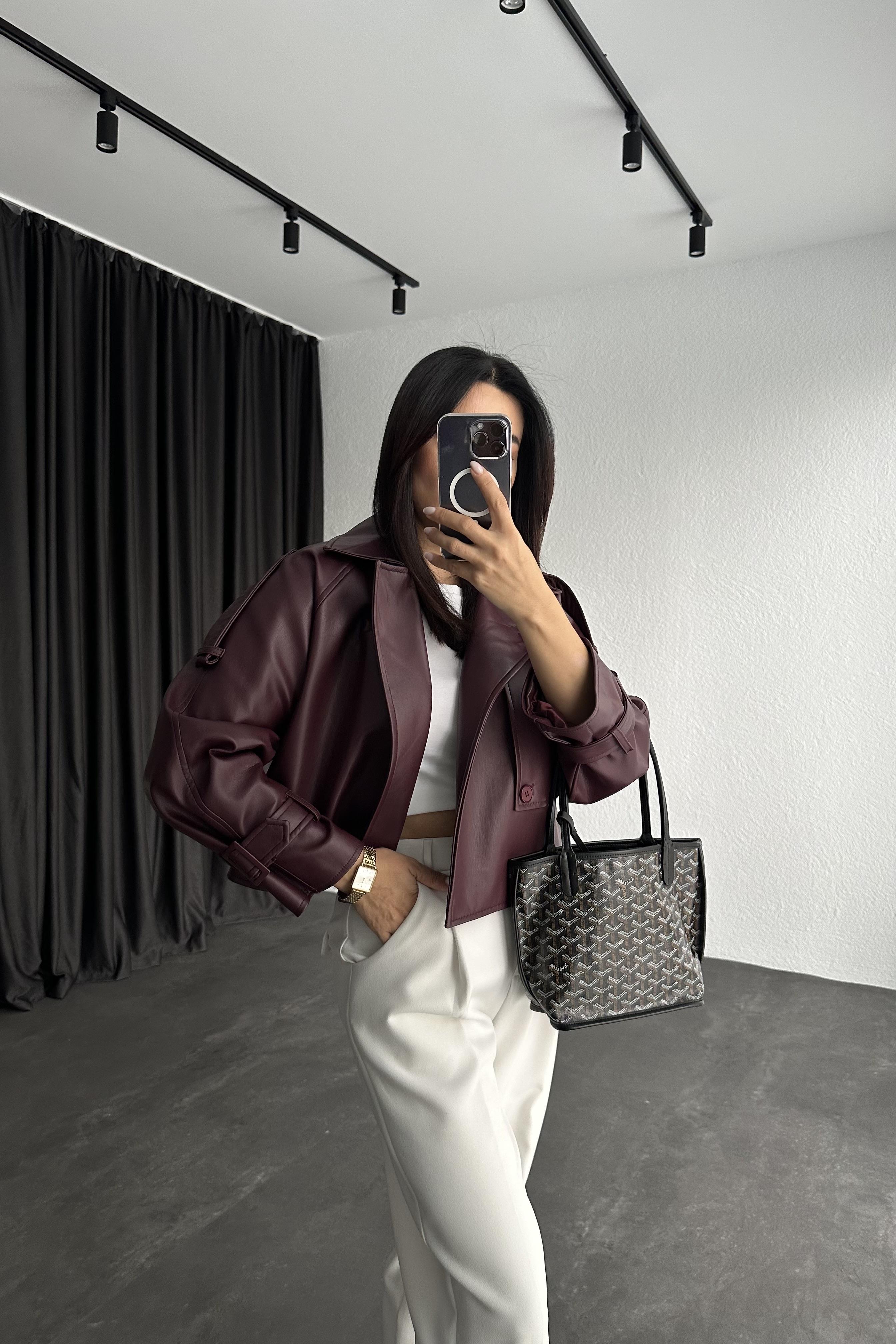 Bordo Renk Marka Muadili Deri Trençkot 