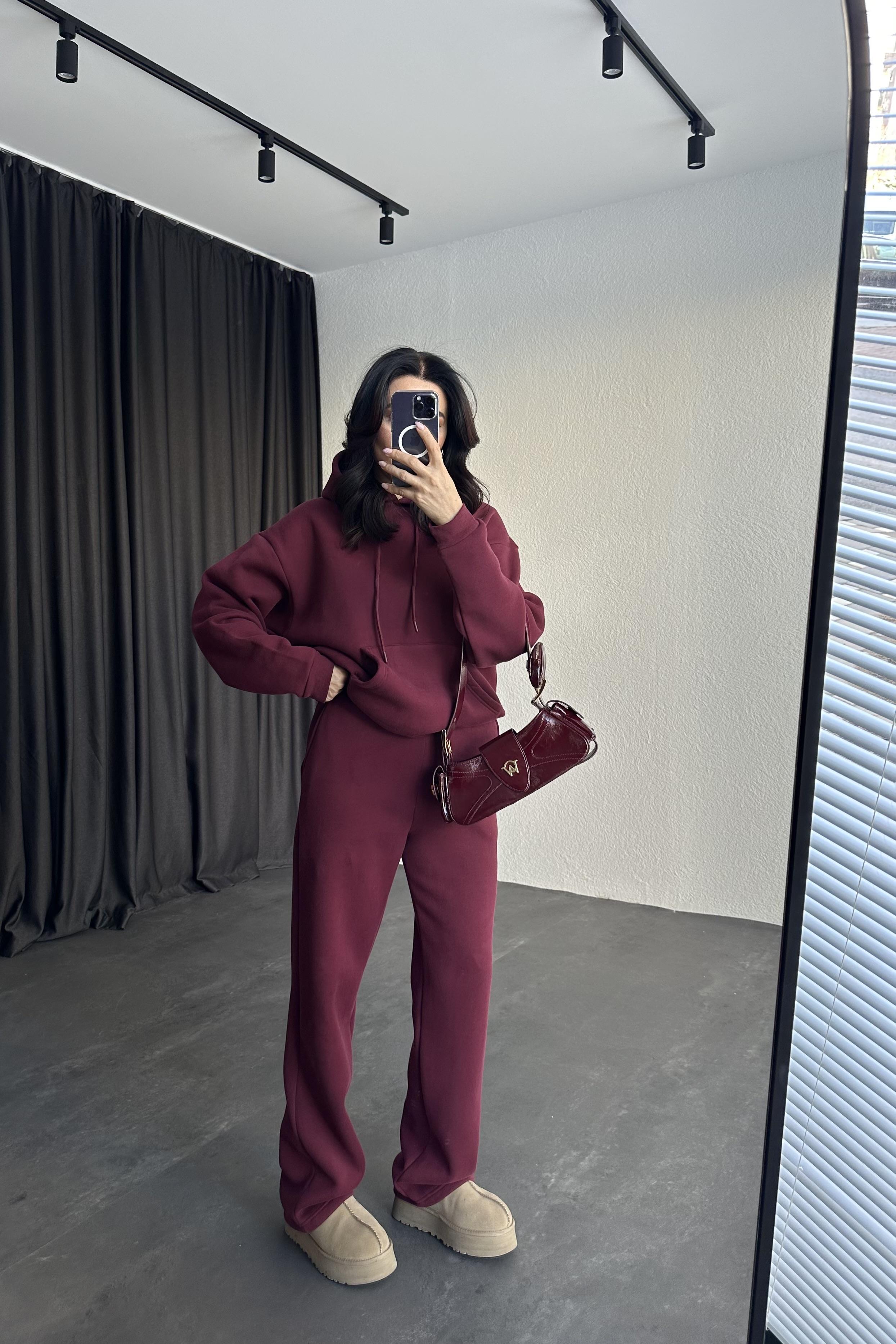 Bordo Renk Şardonlu Kapüşonlu İkili Takım