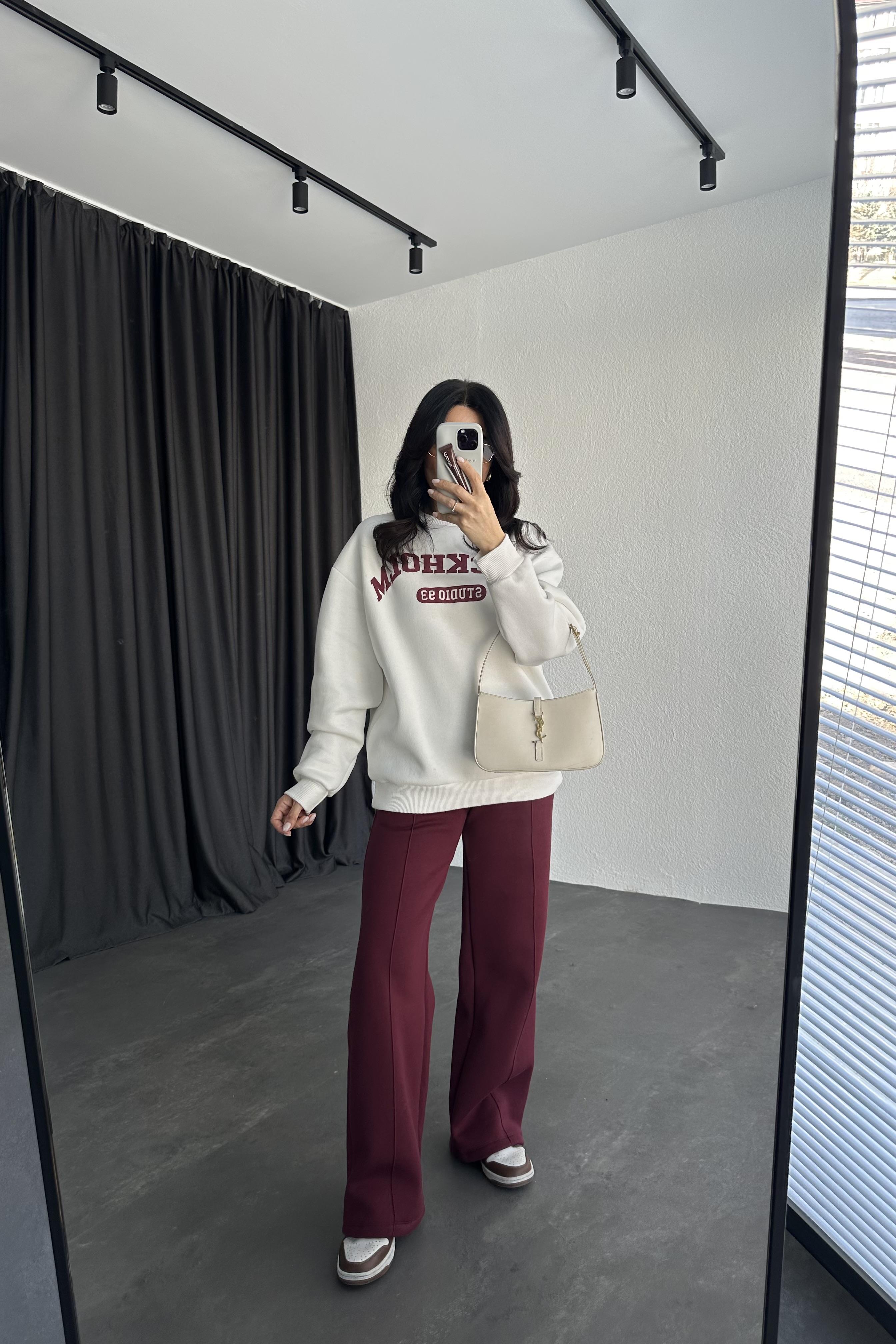 Bordo Renk Şardonlu Sweatshirt Eşofman Takım 